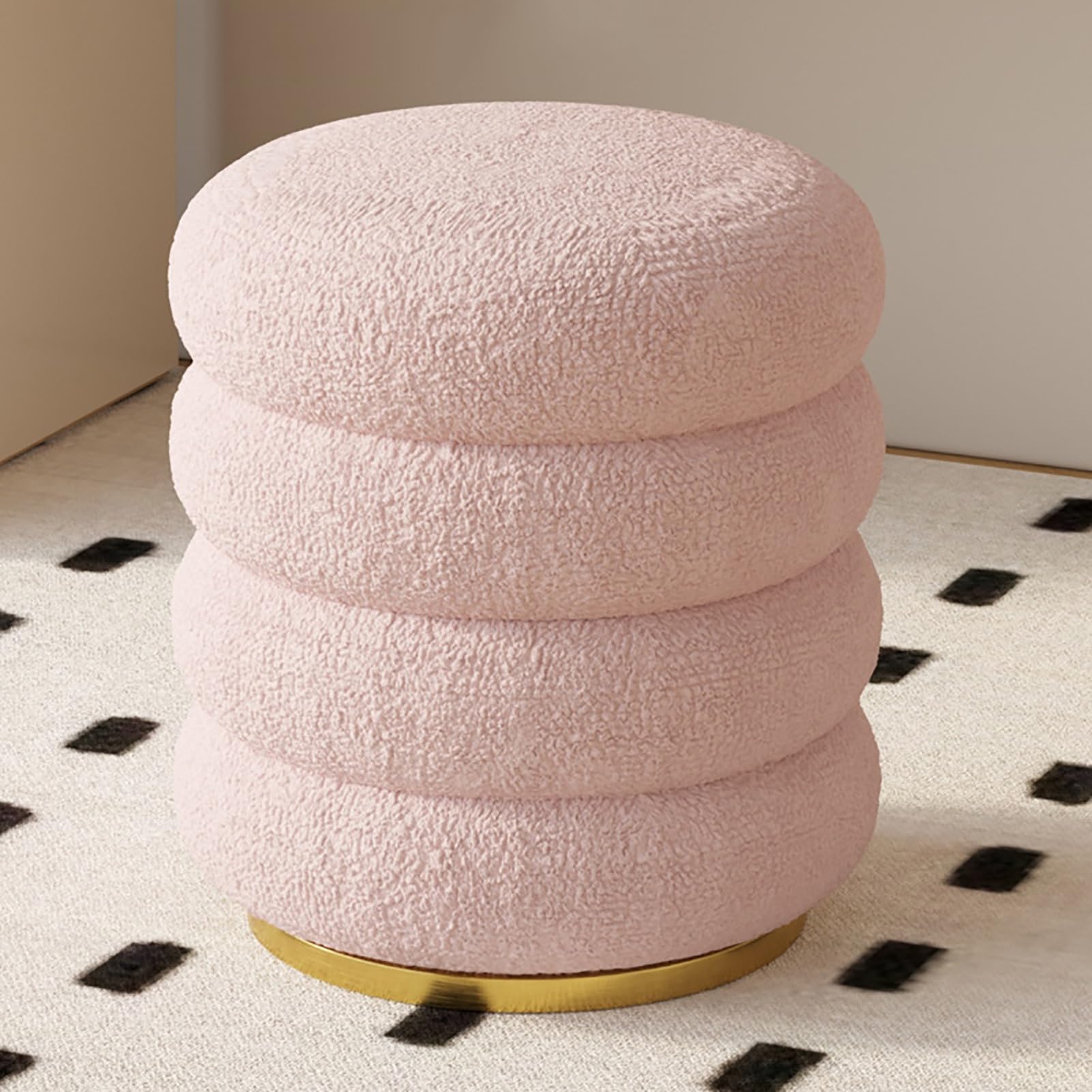 Repose-pieds de rangement ottoman en polaire rose avec base en bois stable