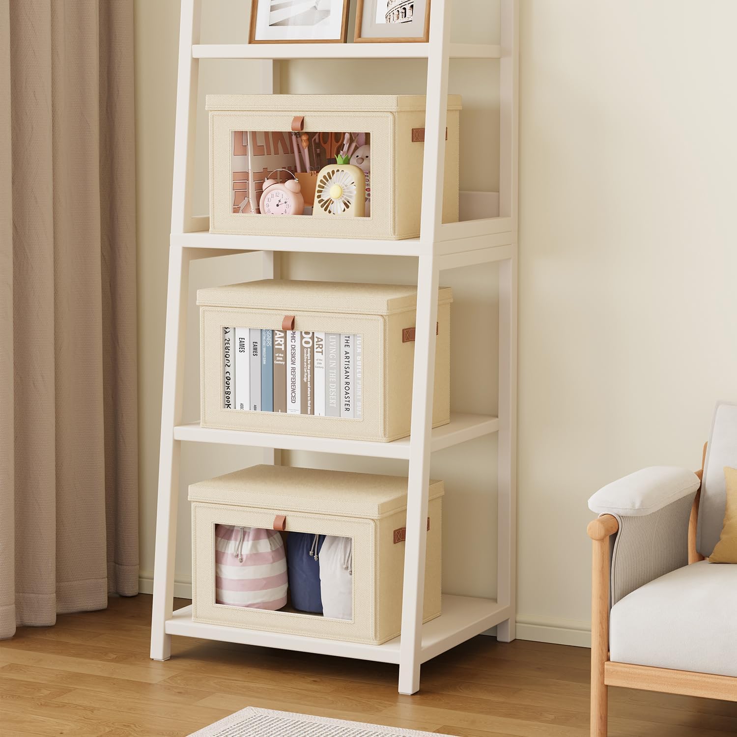 Tuza 4 Pack Foldable Storage Bins - Fabric Decorative Storage Boxes with Handles & Window, Collapsible Organizer for Closet, Shelf, Dorm Room