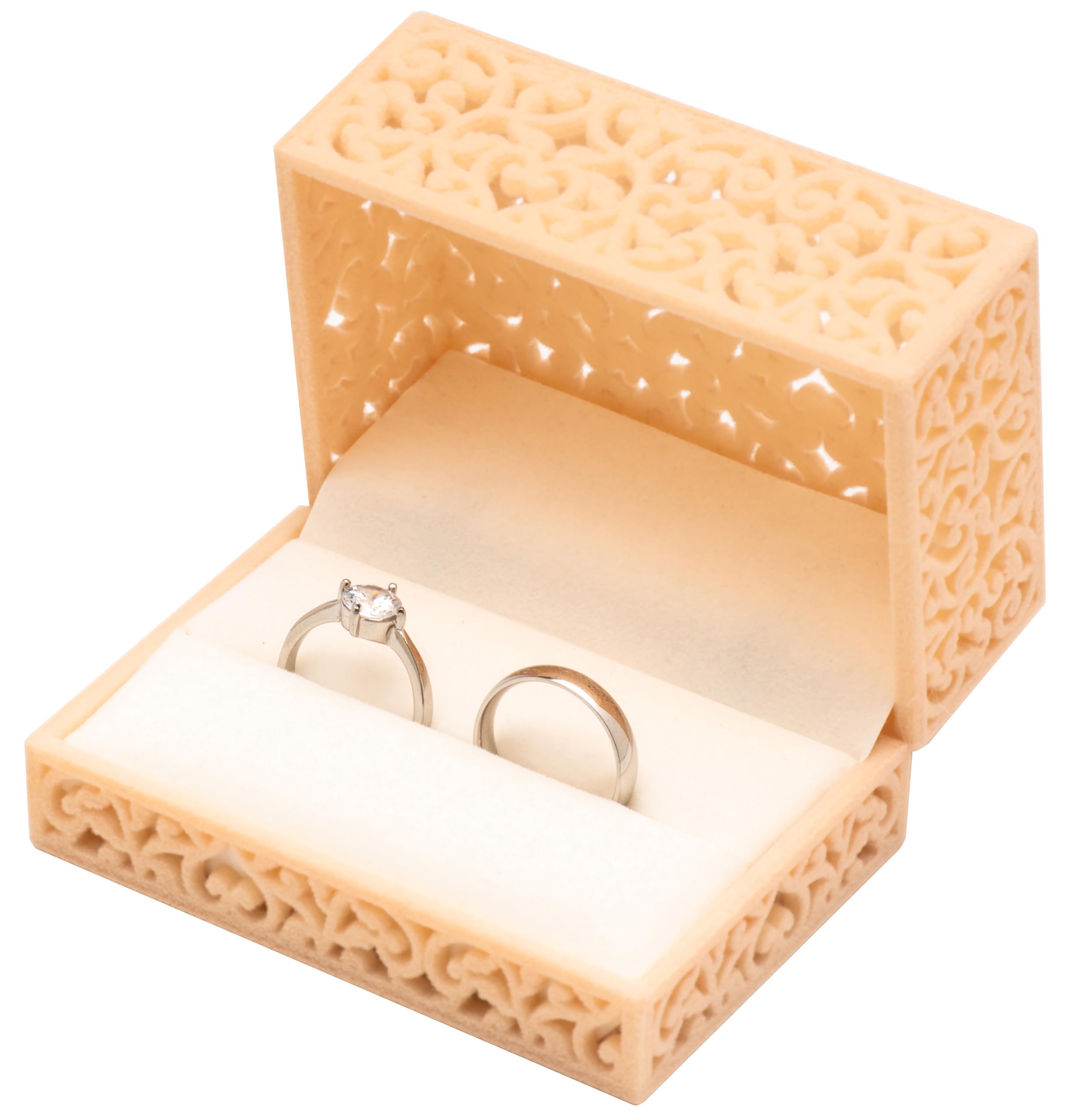 Hollow Velvet Ring Box Velvet Jewelry Box for Rings Couple Double Ring Bearer Box Engagement Gift (Beige)