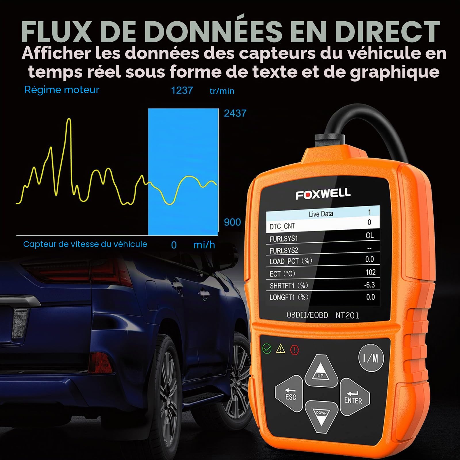 OBD2 Auto Diagnostic Scanner OBD II FOXWELL Voiture Outil de Diagnosti Multimarque en Francais OBD2 Lecteur de Code Automatique Outil de Testeur Moteur Code Reader pour OBD 2 Véhicules(NT201)