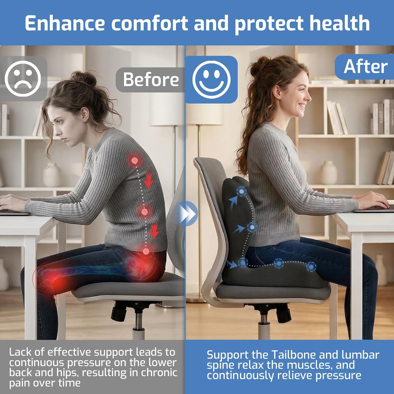 Seat Cushion,Memory Foam Chair Cushion for Office and Car,Ergonomic Coccyx Seat Cushion for Tailbone,Sciatic Nerve,Back Pressure Relief,Lumbar Support Pilow for Office,Car,Truck,Desk Chair