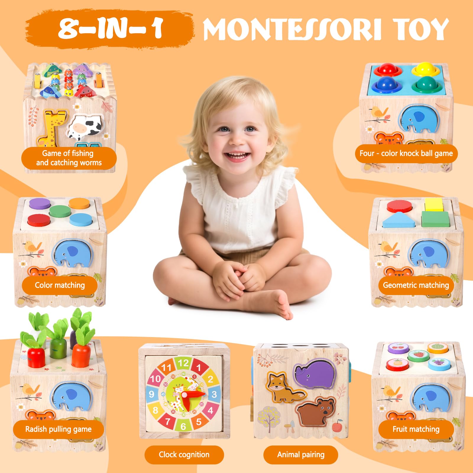 Motorikwürfel 8 in 1, Holzspielzeug Motorikspielzeug, Montessori Spielzeug, Aktivitätswürfel Montessori Lernspielzeug Geschenk ab 1 2 3 4 Jahr