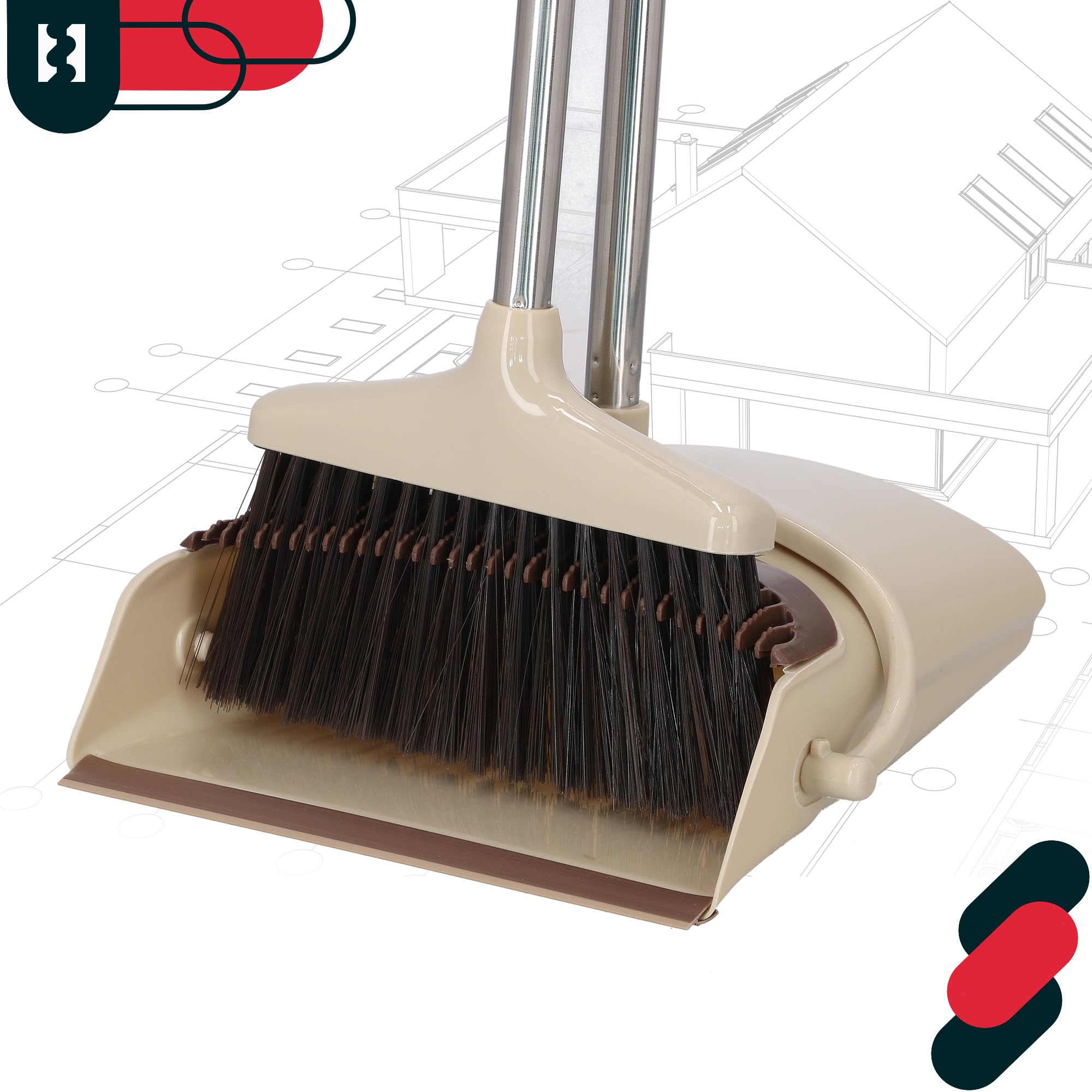 KOTARBAU® Set di scopa e paletta con manico lungo Alejandro, Scopa con manico e scopa senza piegarsi, Plastica e acciaio inossidabile, Ideale per pavimenti in linoleum, Colori: Crema, Nero, Argento