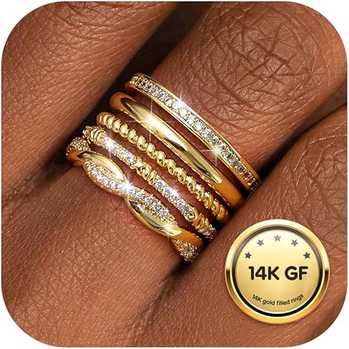 THUNARAZ Stackable Rings for Women Non Tarnish 14k Gold Plated Rings Thin Gold Ring Stack Cubic Zirconia Thumb Ring Set Dainty Trendy Minimalist Statement Promise Engagement Bands Size 5-10