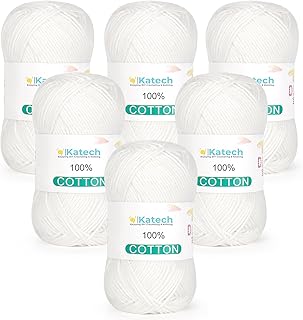 Katech Pure Cotton Yarn for Crocheting & Knitting–Soft Sport Weight CYC #2, 6 Skeins (50g Each, 300g Total), Ideal Crochet Yarn for Dishcloths, Baby Clothes, Socks, Lightweight Scarves（Soft White）