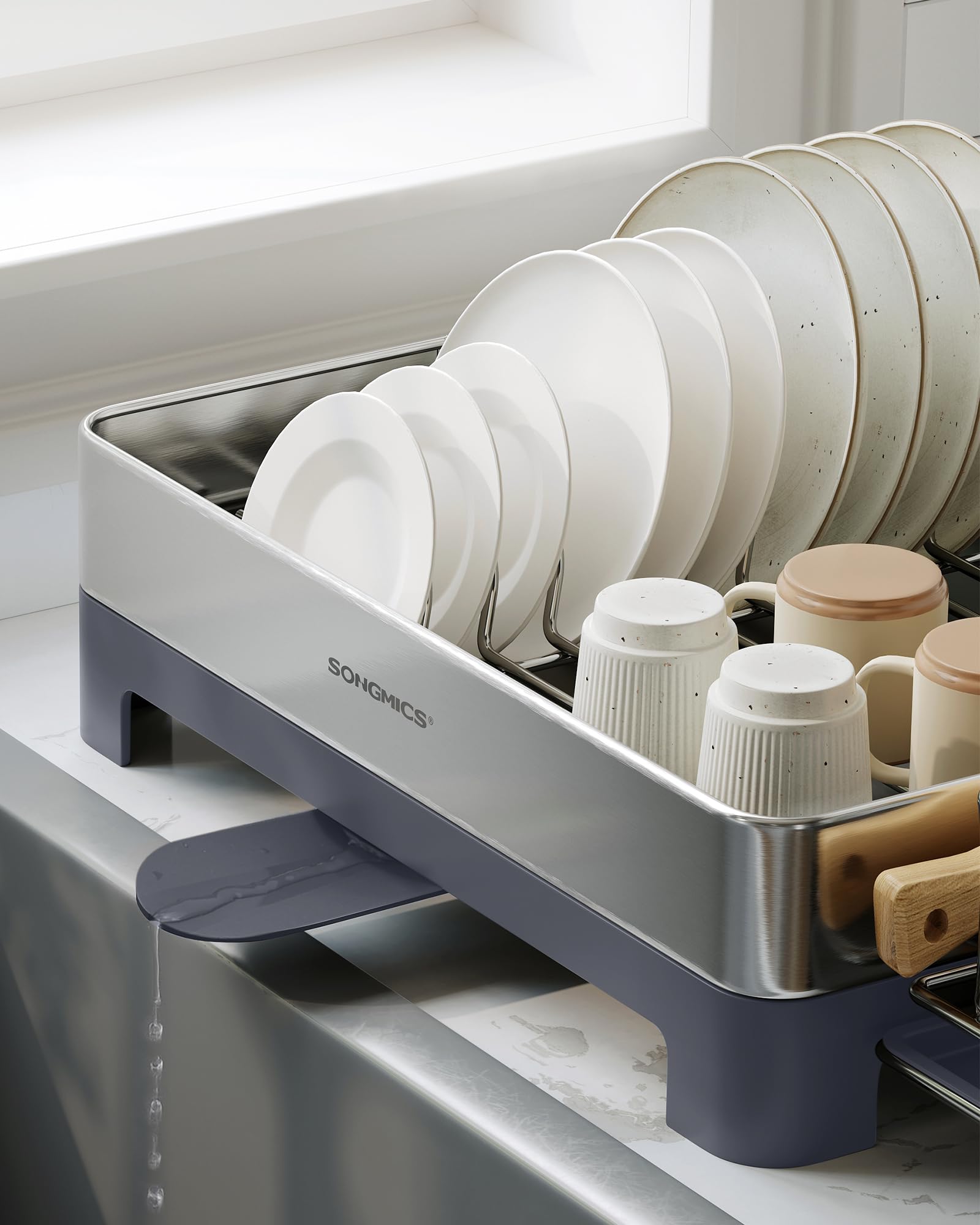SONGMICS Escurreplatos de acero inoxidable para cocina, 31,7 x 57,2 cm, gris plateado KCS030E01V1