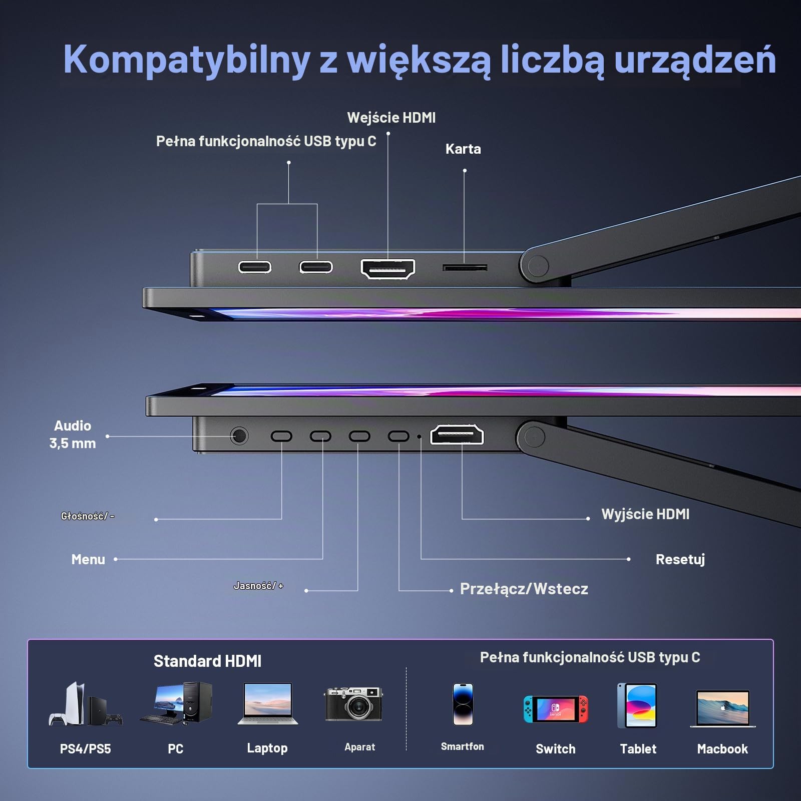 Monitor Przenośny 4K 18,4 cala z Google TV, UHD 3840 * 2160, HDR, 85% NTSC, IPS, mobilny zewnętrzny monitor dla Mac laptopa PC Xbox PS5 telefonu USB C/HDMI, kompatybilny z VESA, wbudowana podstawka