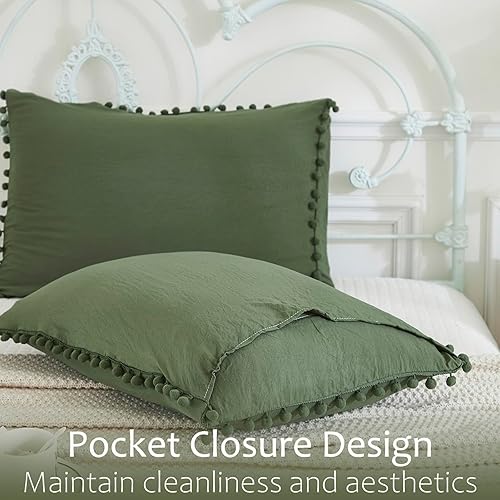 Miniatura 3 de Juego de 2 fundas de almohada de color verde oliva, 100% microfibra lavada, funda de almohada con flecos de bola verde oscuro, paquete de 2