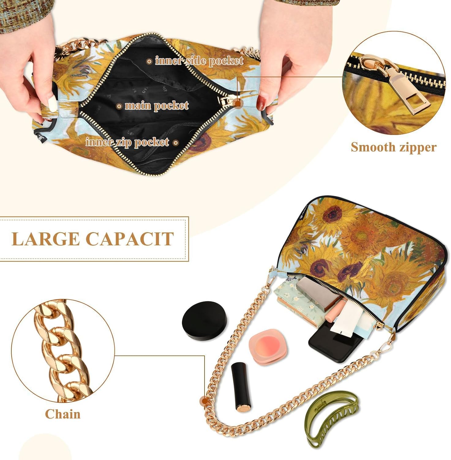 Shoulder Bags for Women Van Gogh Sunflower Hobo Tote Handbag Small Clutch Purse with Zipper Closure15