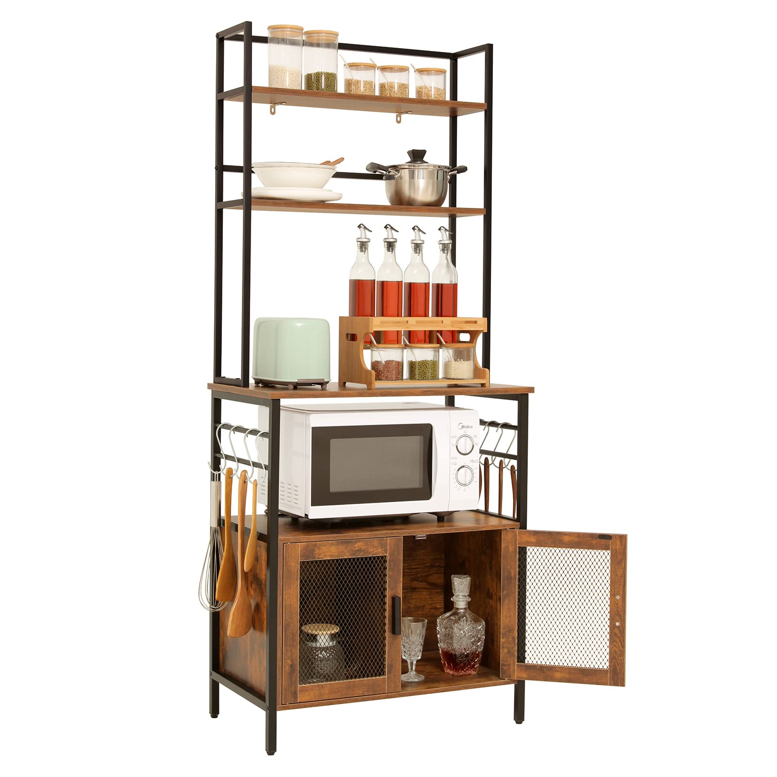 USIEKY Kitchen Bakers Rack, Industrial Microwave Oven Stand with Cabinet & 8 Hooks, 4-Tier Kitchen Utility Storage Shelf, Coffee Bar with 2 Mesh Doors, Free Standing Kitchen Shelf, Rustic Brown