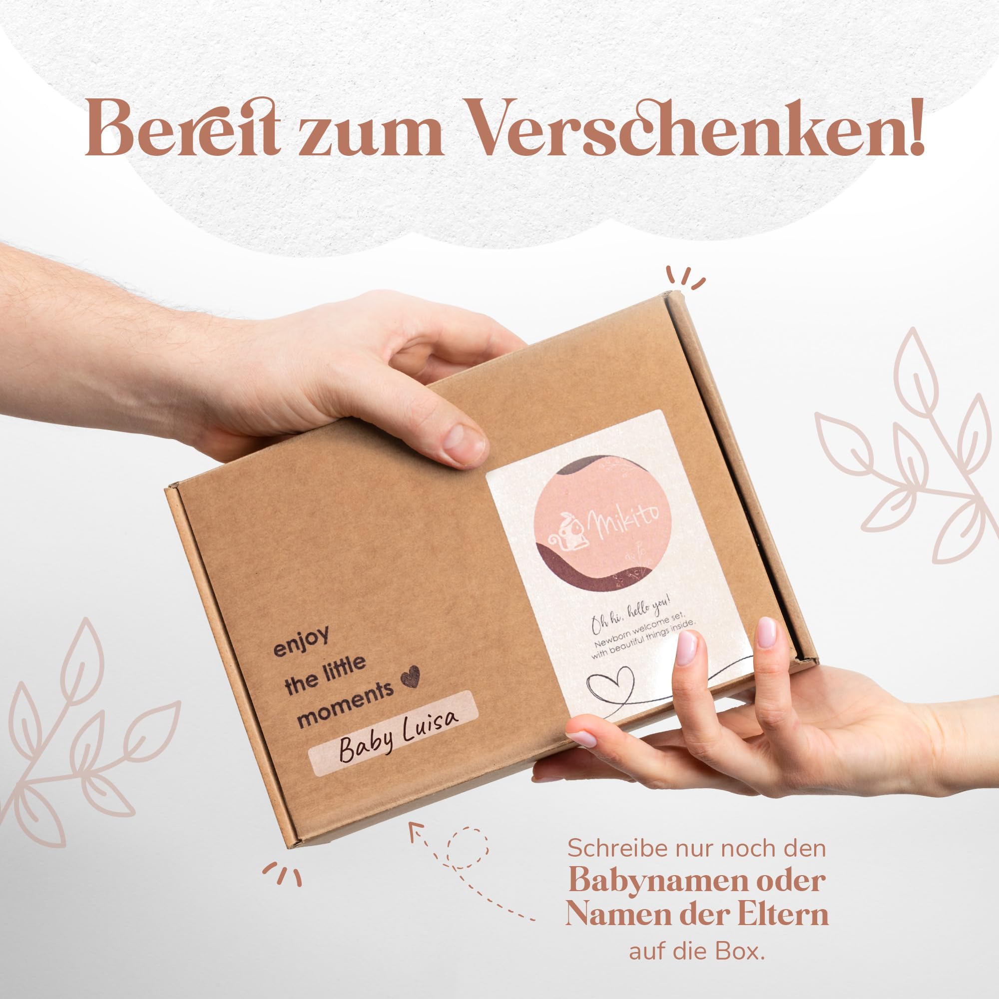 Mikito Baby Geschenk Set für Junge & Mädchen - Musselin Schnuffeltuch, Beißring, Lätzchen, Baby Holzschild - Zur Geburt