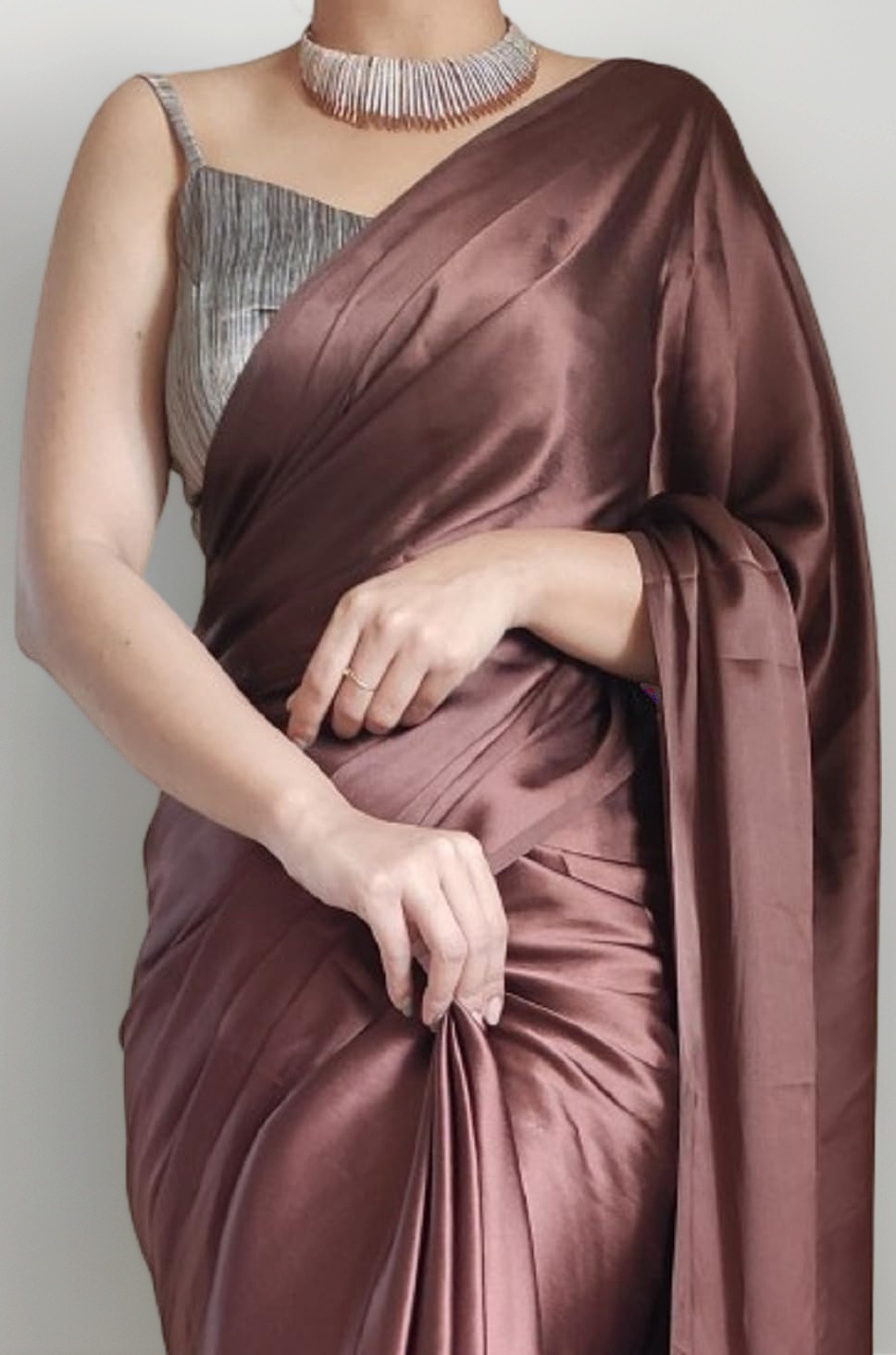 Women's Ready to Wear Coffee Satin Silk One Minute Readymade Stitched Saree with Unstitched Coffee Blouse