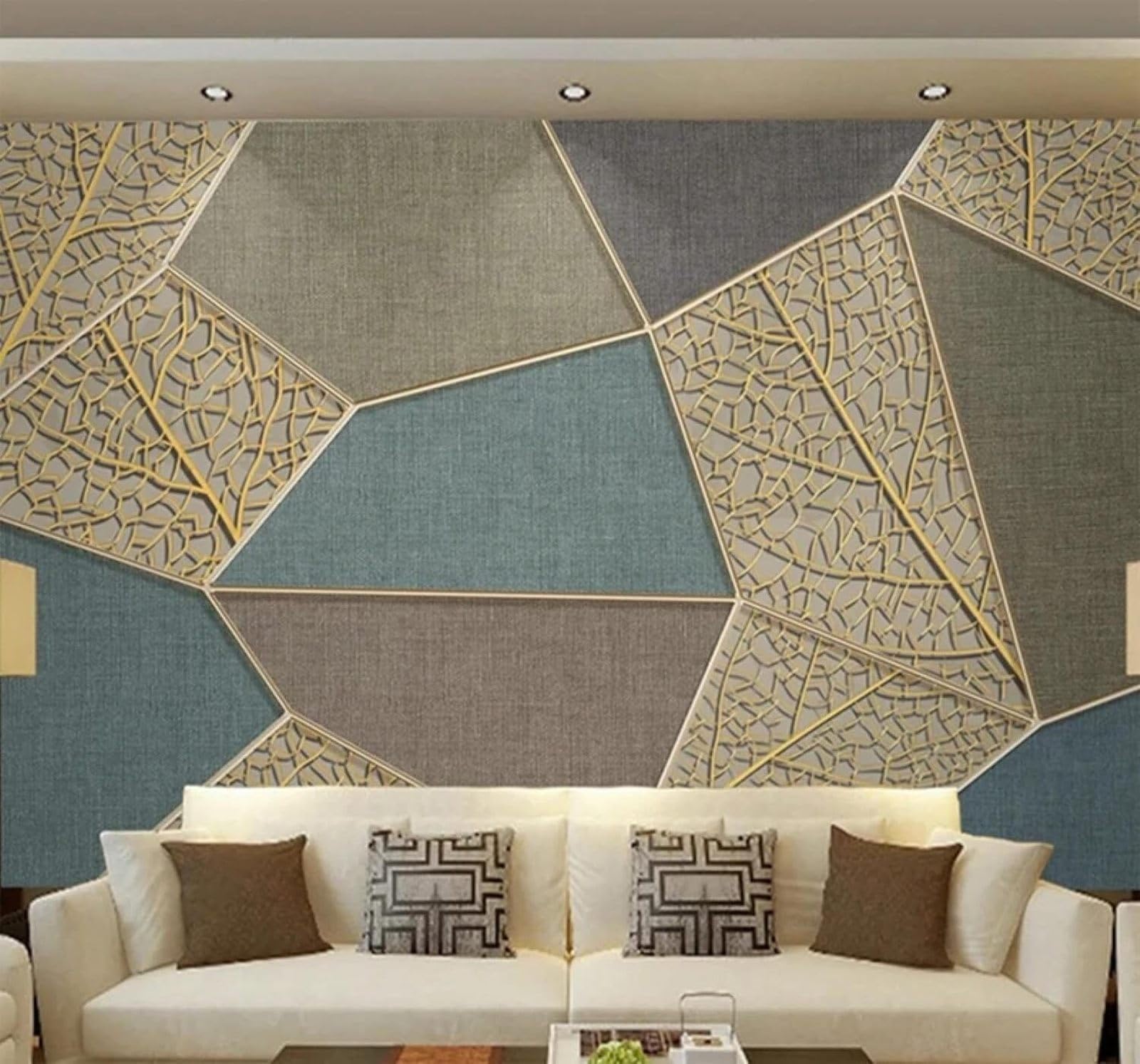 Tzxztt Gold Relief Lines Geometric Leaves Texture Modern 3D Wallpaper Premium Textured Silk Neutral Tones Material Ideal for Living Room Bedroom-430cm×300cm