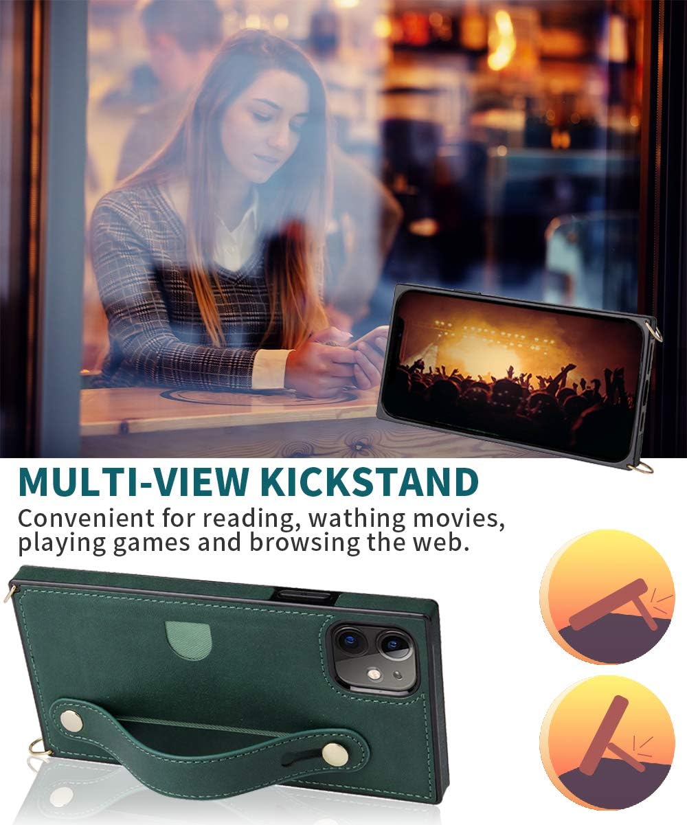 iPhone 11 Case,Crossbody Wallet Case Leather with Hand Strap Holder,Kickstand,Card Holder,Adjustable Removable Shoulder Strap,Square Corners Protective Back Cover Compatible with iPhone 11-Green