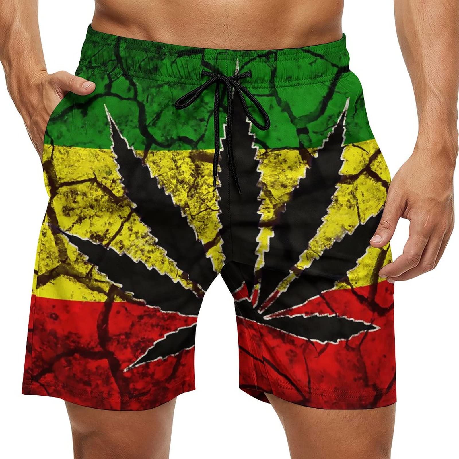 Fjqwklf Men's As Pic Beach Shorts Rasta Flag Leaf Quick Dry Swim Trunks With Mesh Lining Swimwear Bathing Suits With Pockets Medium