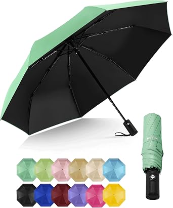 HIPPIH Compact Travel Umbrella for Rain - Windproof Automatic Umbrellas, UV Umbrella for Sun Protection with Black Anti-UV Coating, Portable Small Umbrellas for Backpack, Car, Walking, Kids, Women