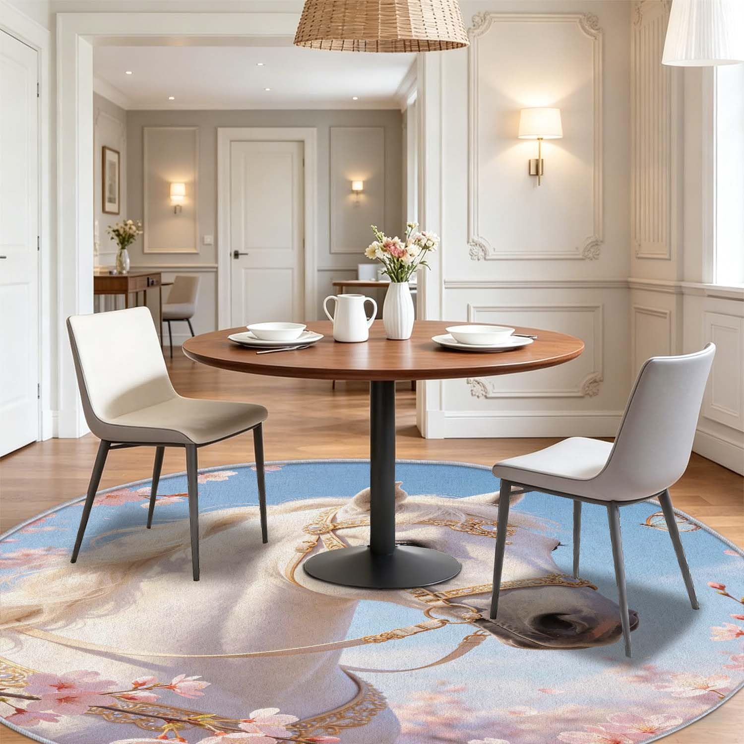 Tapis Rond Cheval 120 cm, Tapis Salon 3D Chevaux Poil Ras Lavable en Machine Antidérapant Doux Descente de Lit Chambre pour Cuisine, Chambre d'enfant, Bureau YDT2886