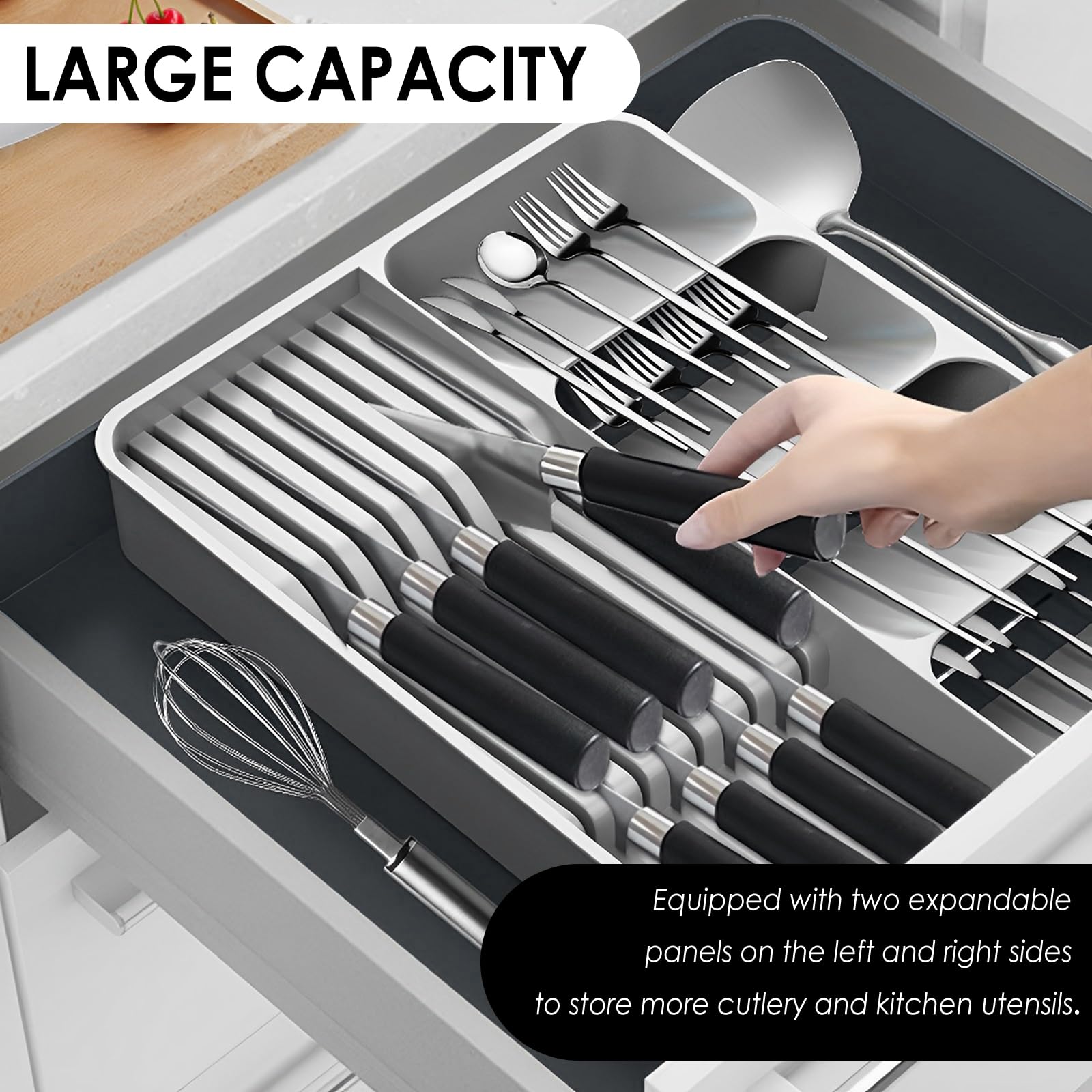 Organizador de cubiertos de plástico, organizador de cubiertos de gran capacidad, organizador de cubiertos versátil y ajustable con diseño de división para el hogar