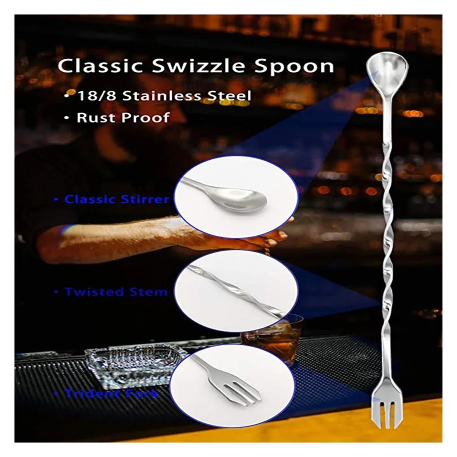 8-Zoll-Edelstahl-Cocktail-Stößel und Rührlöffel, Barkeeper-Werkzeug-Barzubehör-Set for die Hausbar(C)