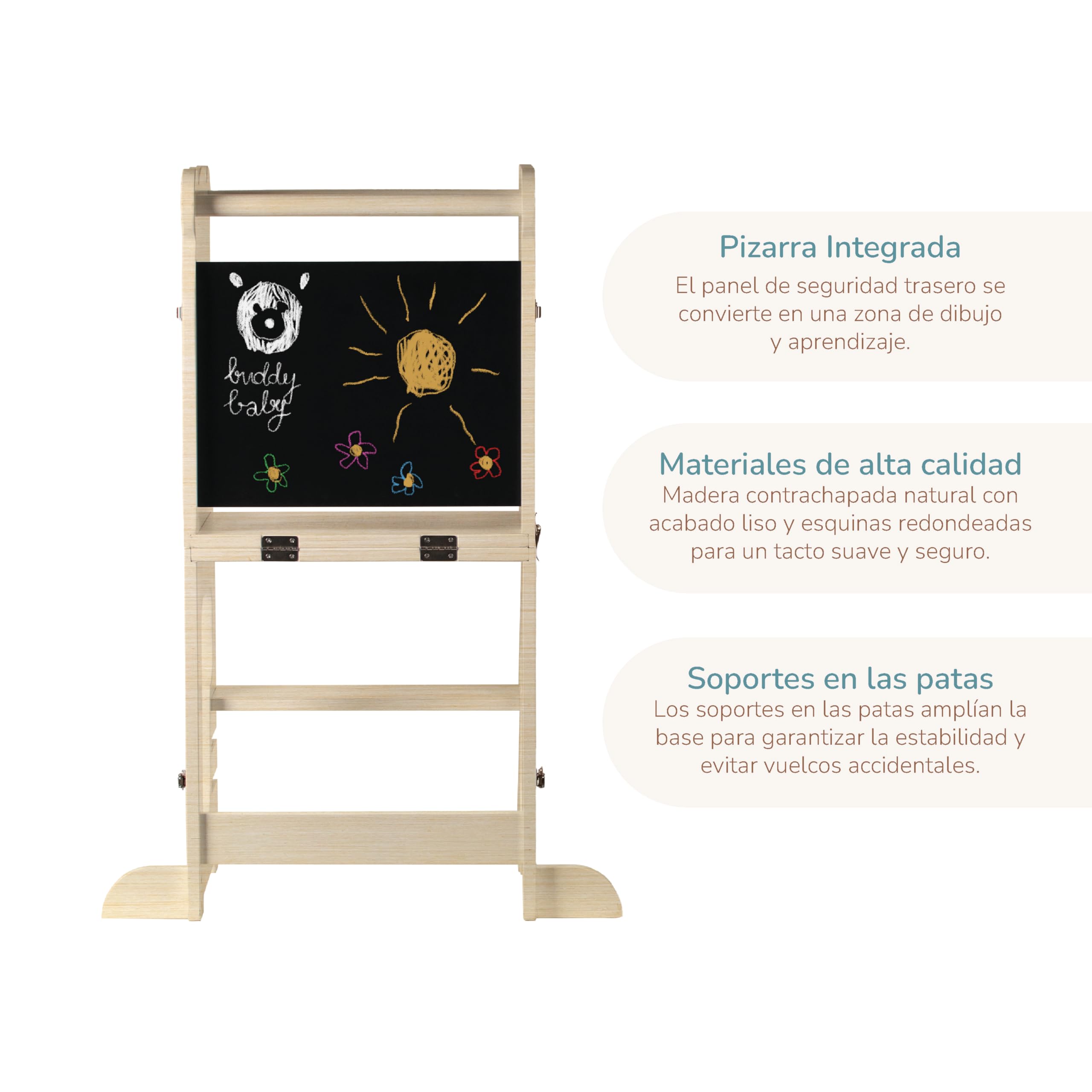 Buddy Baby Xperimenta Torre di apprendimento Montessoriana in legno trasformabile in scrivania e sgabello pieghevole per cucina con barra di sicurezza