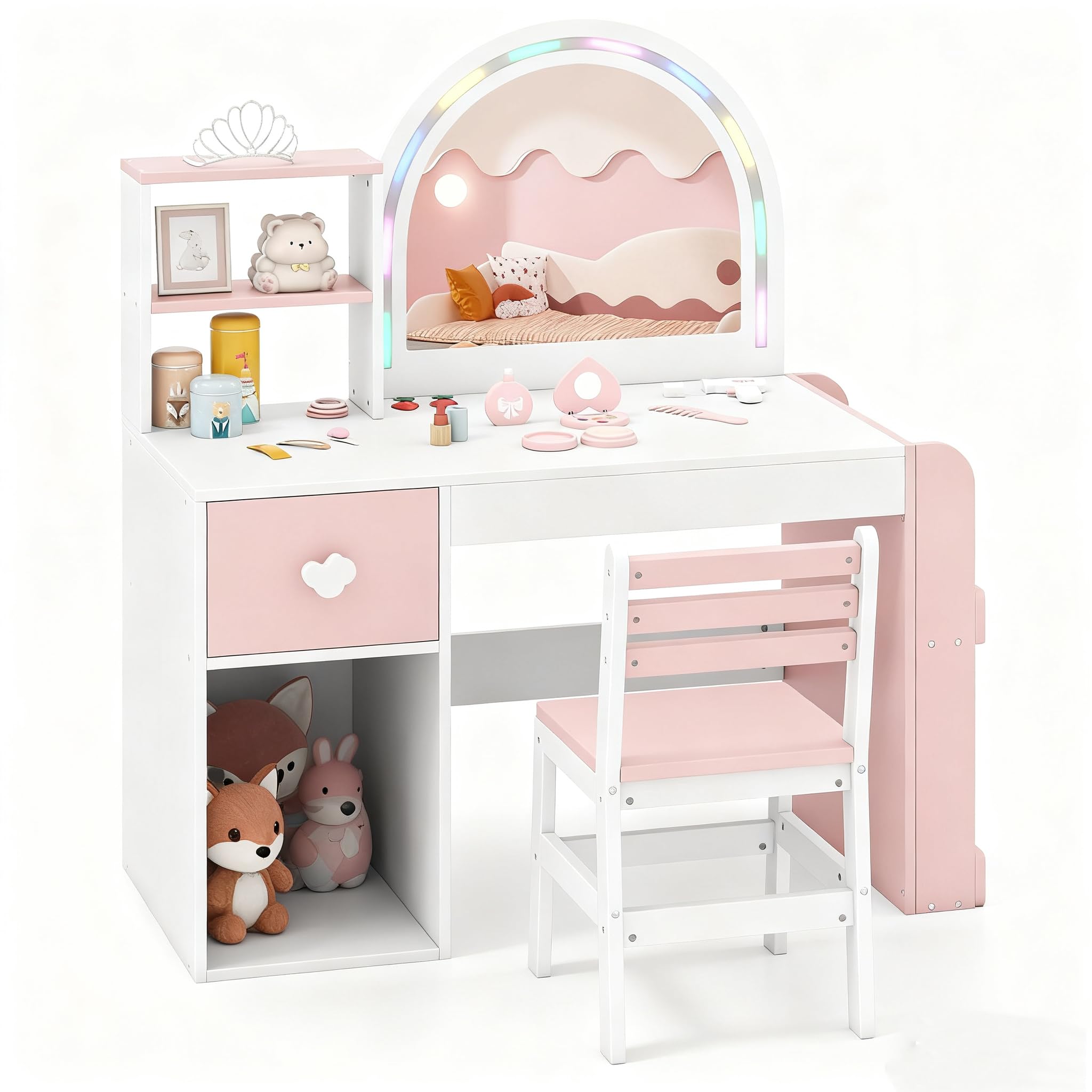 LIFEZEAL Tavolo da Toeletta con Specchio, Luci (bianco+rosa) | Set da Toeletta con Sgabello, 1 Cassetto, Scomparti Aperti, Mensola Laterali, Accessori, per Cameretta, per Bambina 3+Anni