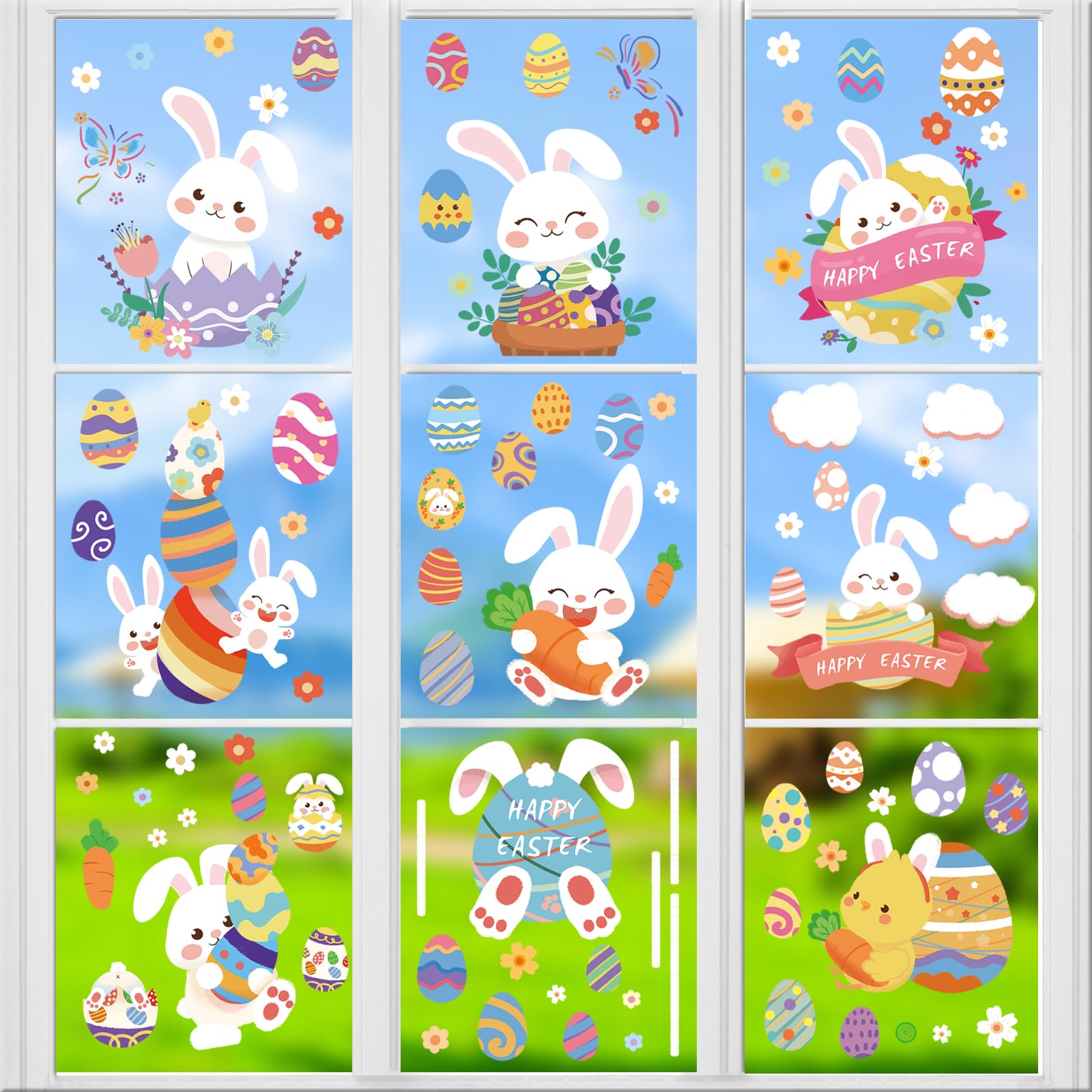 Auxhcyl Multi Easter Window Stickers, 9 Sheets Window Sticker, Removable And Reusable Easter Bunny Stickers, Window Decorations Pvc Static Stickers With Rabbit, Egg Basket, Flower, Butterfly, Carrot