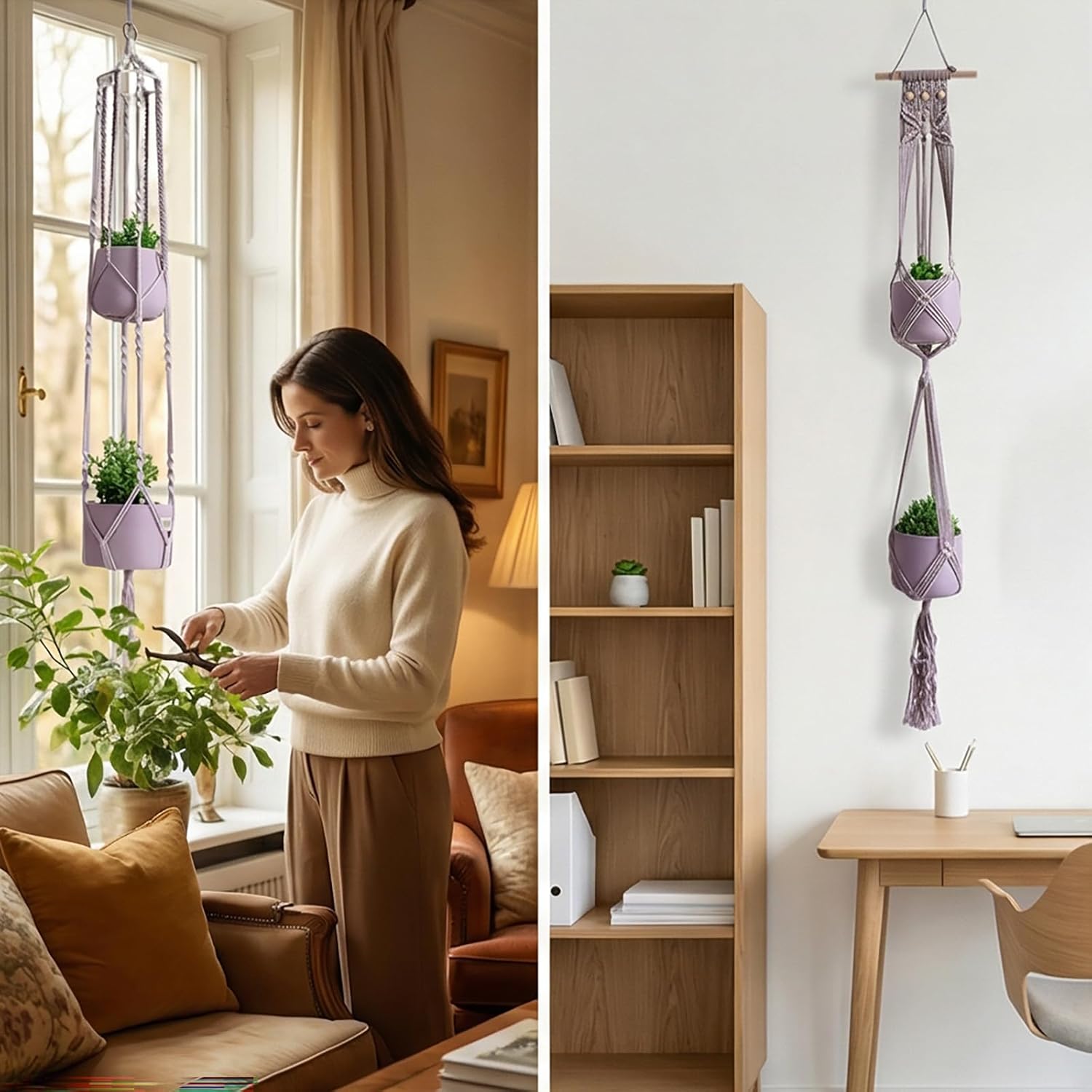 5 Packs Macrame Plant Hangers Set, Creative Handmade Cotton Rope Flower Basket, Indoor Hanging Planters, Boho Home Decor, Multiple Designs for Plant Holder (Beige + Champagne Color)