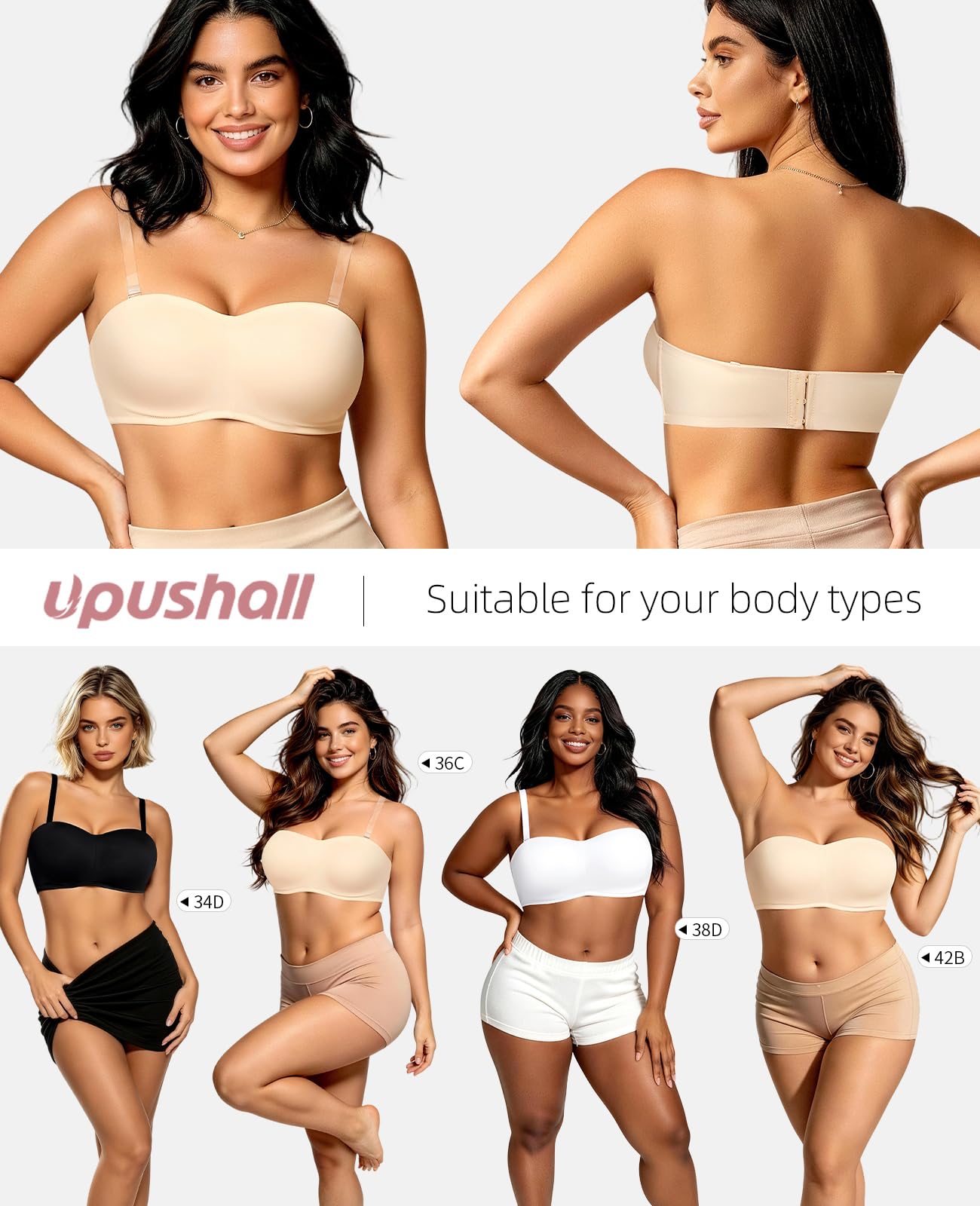 Upushall Sujetadores sin tirantes de talla grande para mujer, brasier bandeau acolchado con tirantes transparentes