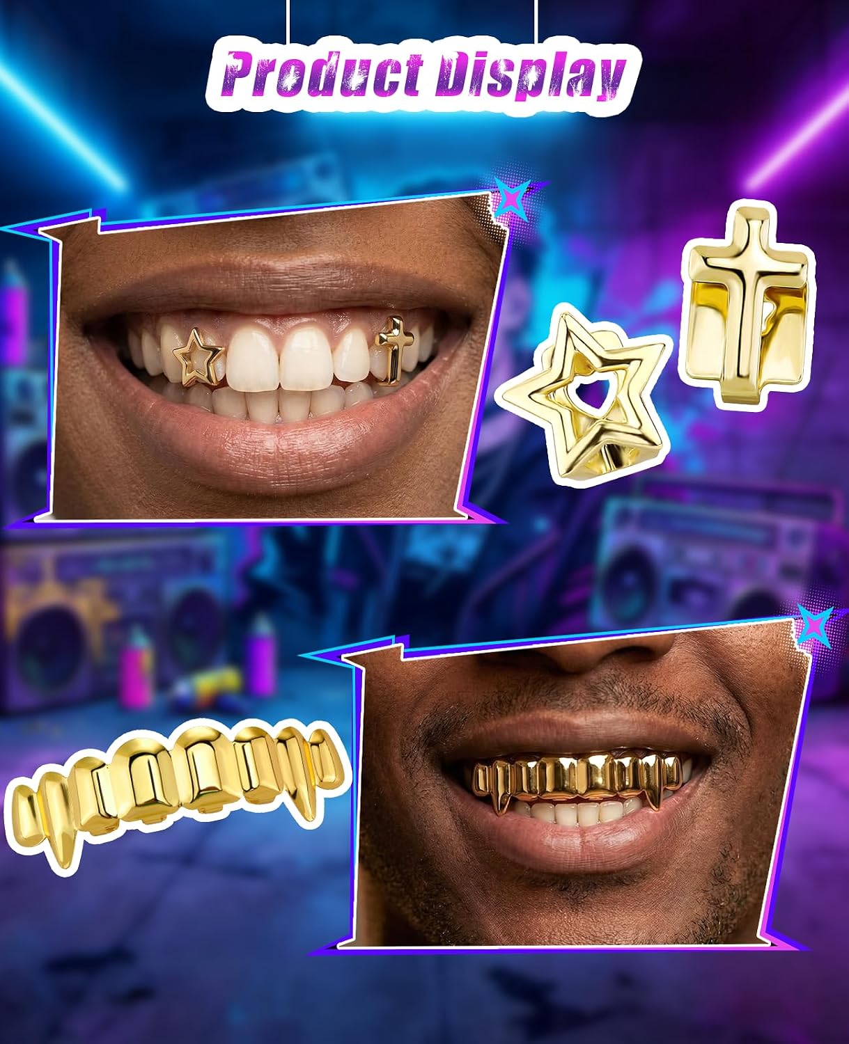 4 Pcs Gold Grills for Teeth, 14K Gold Jewelry Tooth Cap Grillz for Women & Men