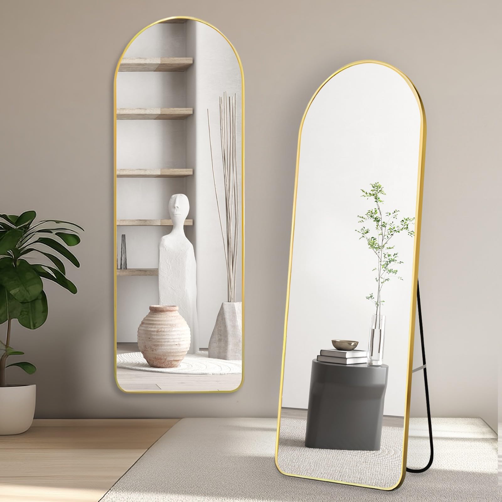 MEESALISA Standspiegel 146 x 45 cm, Bogen Ganzkörperspiegel mit Ständer, Fußboden & Wand Hänger Großer Spiegel mit Gold Metallrahmen Dekorative Wandspiegel für Schlafzimmer, Wohnzimmer