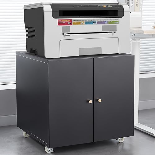 Maximize Office Space with Mobile Copier Cabinet, Adjustable Shelves, 360° Wheels, Sturdy Metal Construction, Black