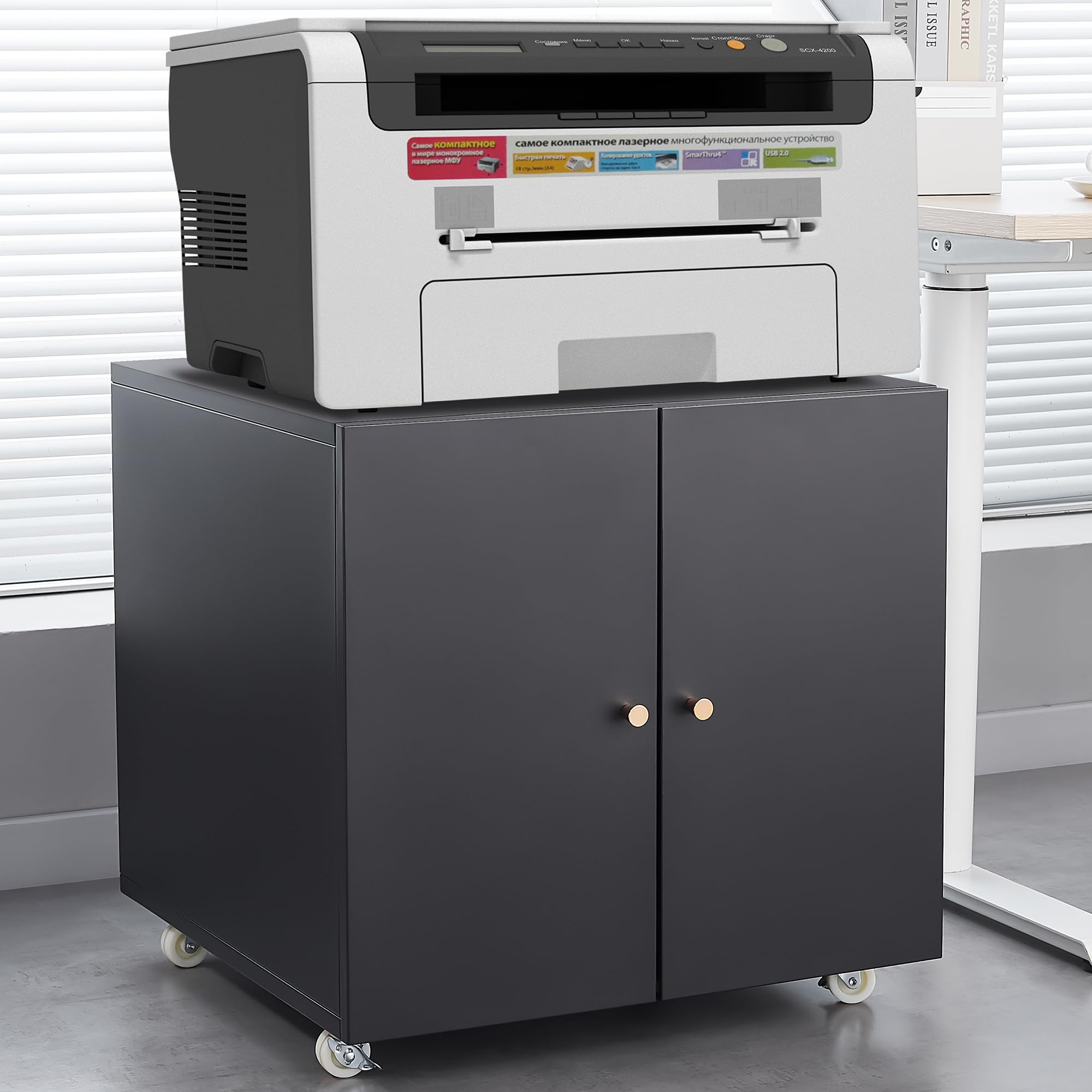 Black Printer Stand with Storage, Metal Printer Table with Wheels, Printer Cabinet, Mobile Filing Cabinet with Shelves for Small Spaces Home Office (Black .)