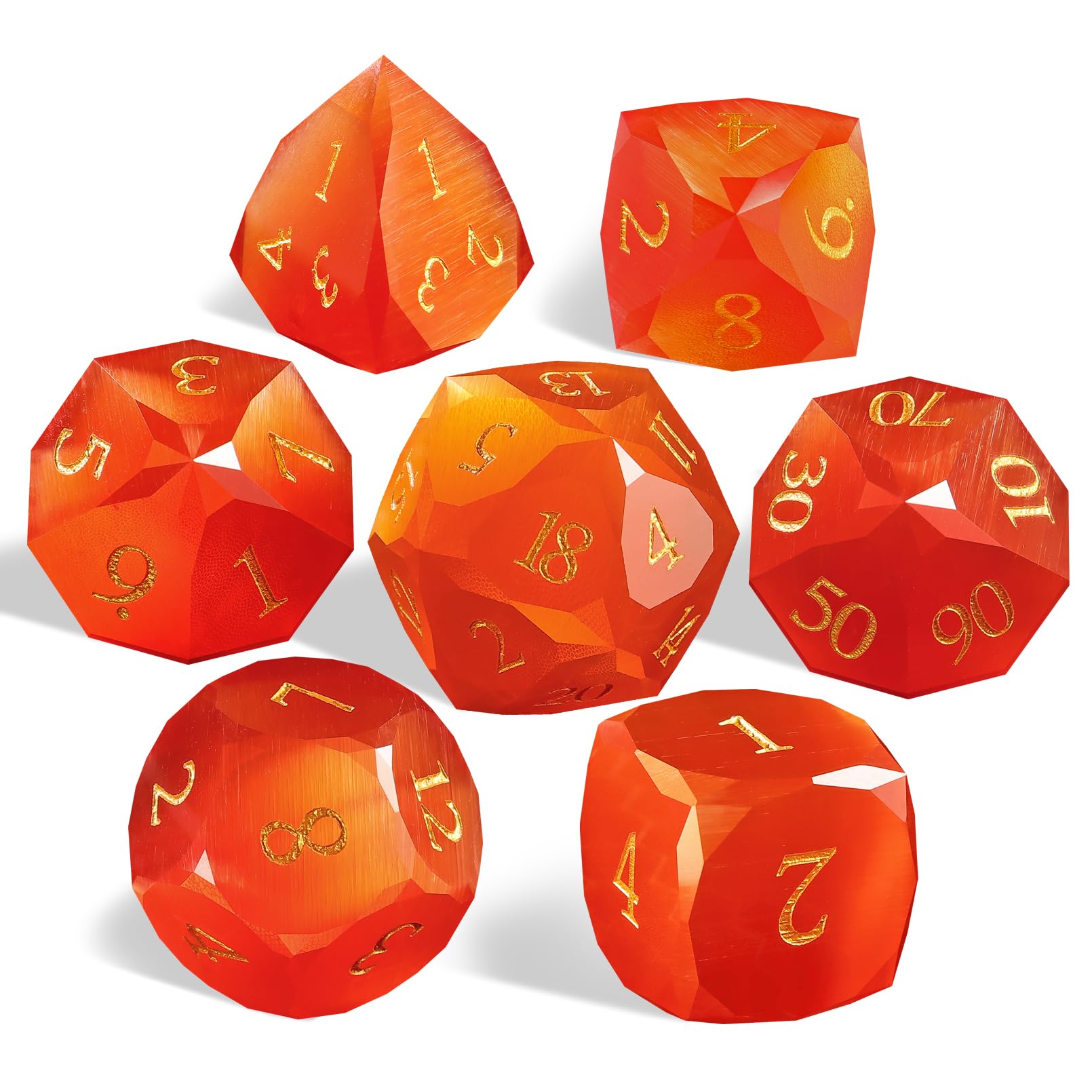 Set di 7 dadi poliedrici arancioni a forma di occhio di gatto, realizzati a mano, con incisione dorata, ideali per D&D, RPG, MTG e giochi da tavolo, confezione regalo inclusa (occhio di gatto