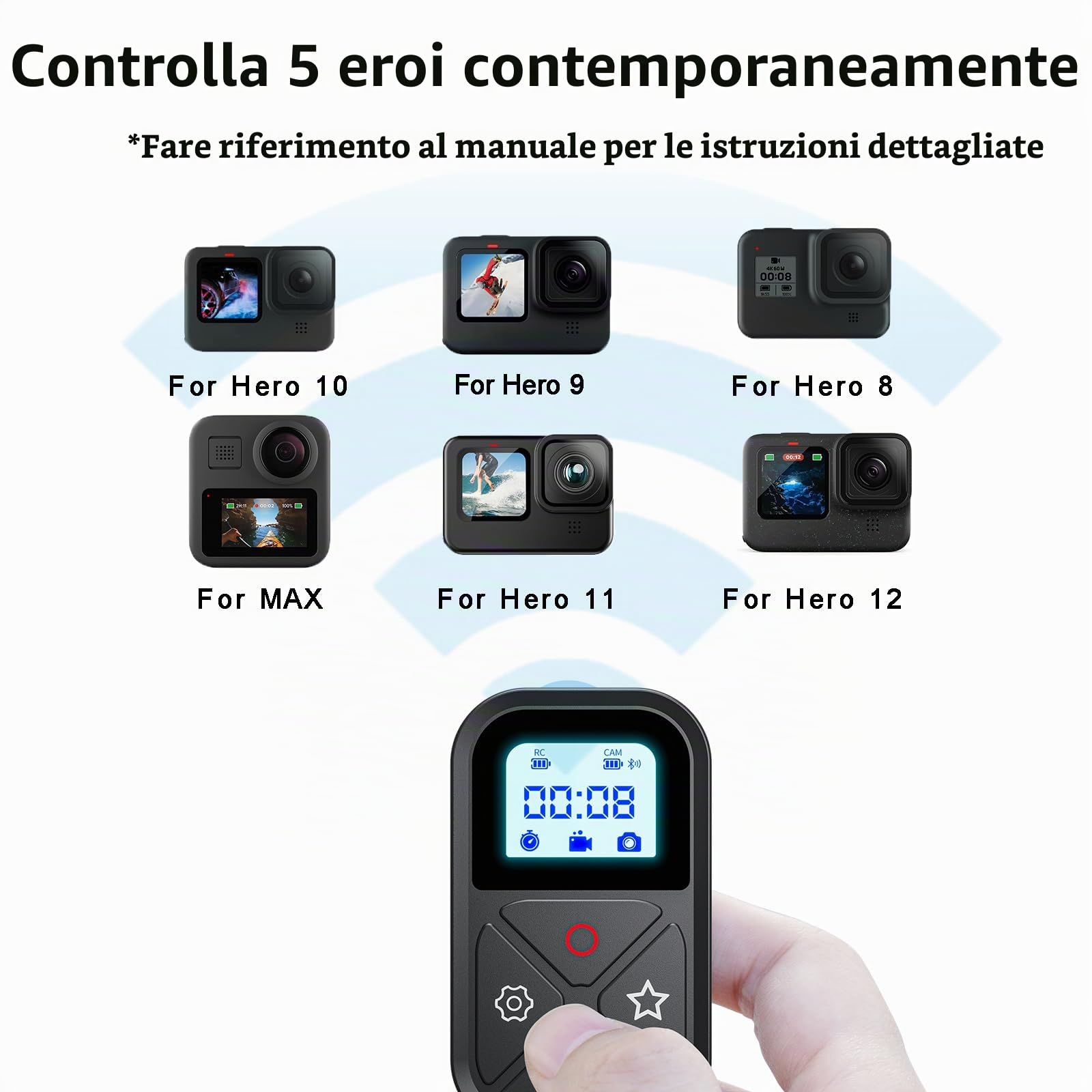 Telecomando per GoPro Smart Remoto: Hero 13-8 Max WiFi BT | Wireless, Bluetooth, LCD, cinturino da polso. Compatibile con Hero 13/12/11/10/9/8
