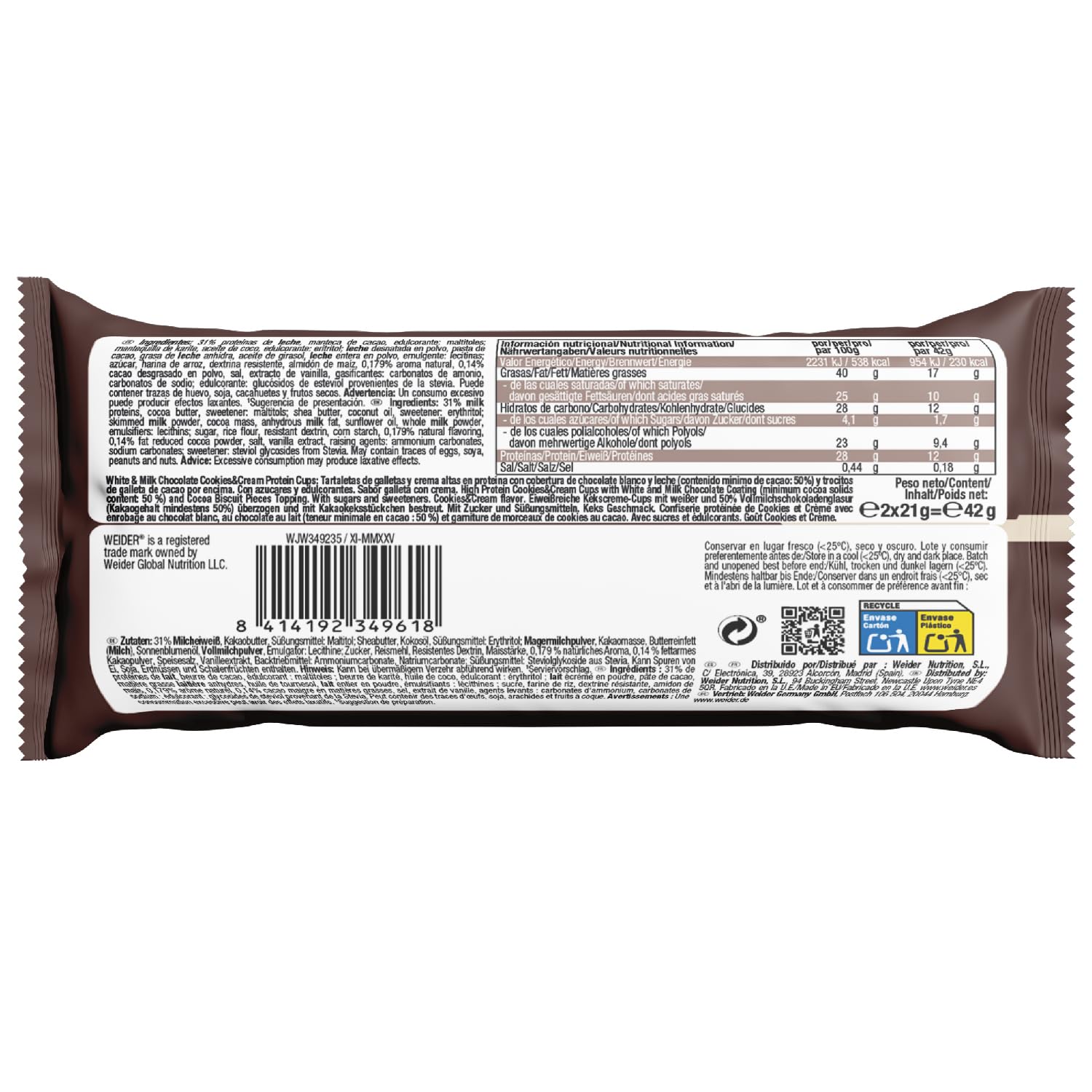 Weider Protein Cups Cookies&Cream (20x42g) Tartaletas con alto de contenido de proteínas y Bajo en Azúcar, con cobertura de Chocolate, Sin gluten (20 sobres de 2 tartaletas)