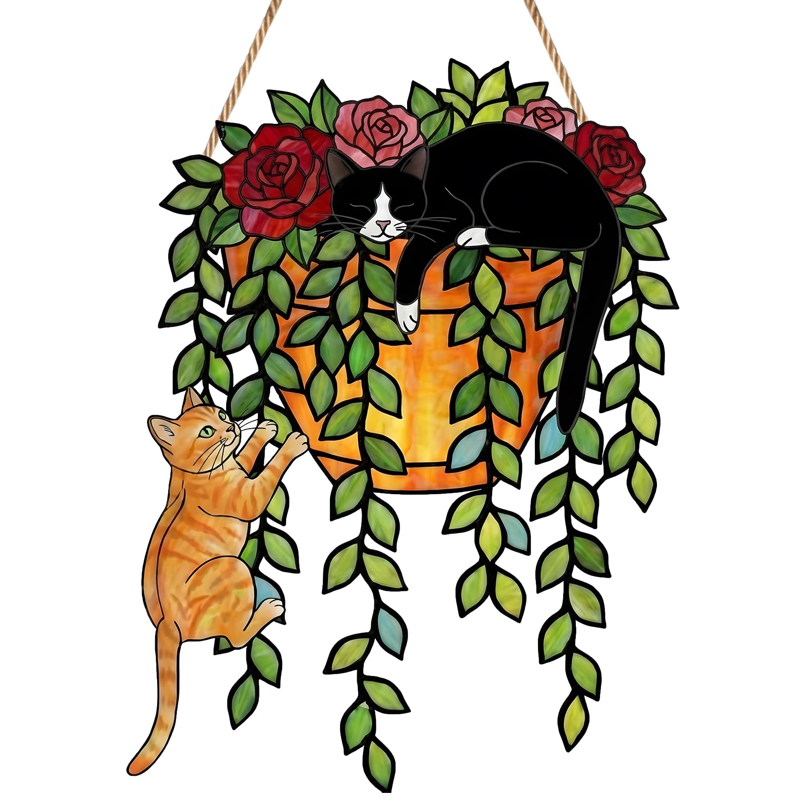 Cat Sun Catchers for Windows, Potted Plant Suncatchers for Windows, Stained Glass Window Hanging, 2D Suncatcher Glasses Panels, Colorful Window Wall Hanging Ornament for Women Men