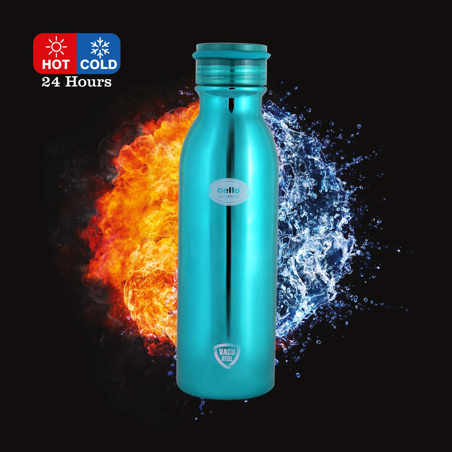 Cello Shimmer Stainless Steel Double Walled Water Bottle | Hot & Cold Water Flask | 600ml | 1 Unit | Blue - Image 5 thumbnail