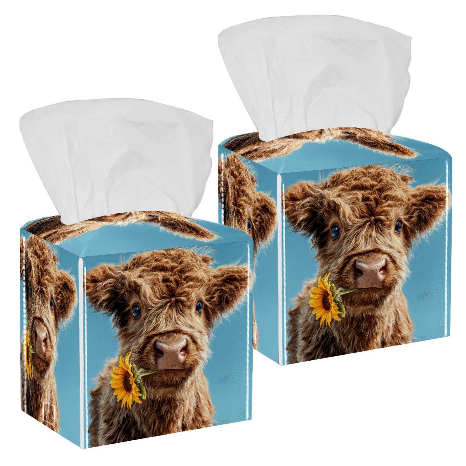 Highland Cow Tissue Box Cover, 2 Pack PU Leather Square Facial Tissue Dispenser Box holder for Home Office Car