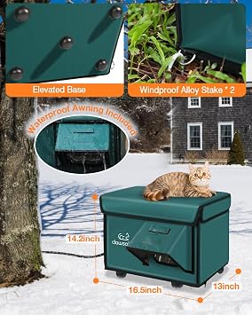 Indestructible Heated Cat House for Outside Cats Winter, 100% Weatherproof, Safe Escape Door, Insulated Outdoor Cat Shelter with Heater for Feral Barn Cat Kitty (Forest Green, 12.6x16.5x12.6)