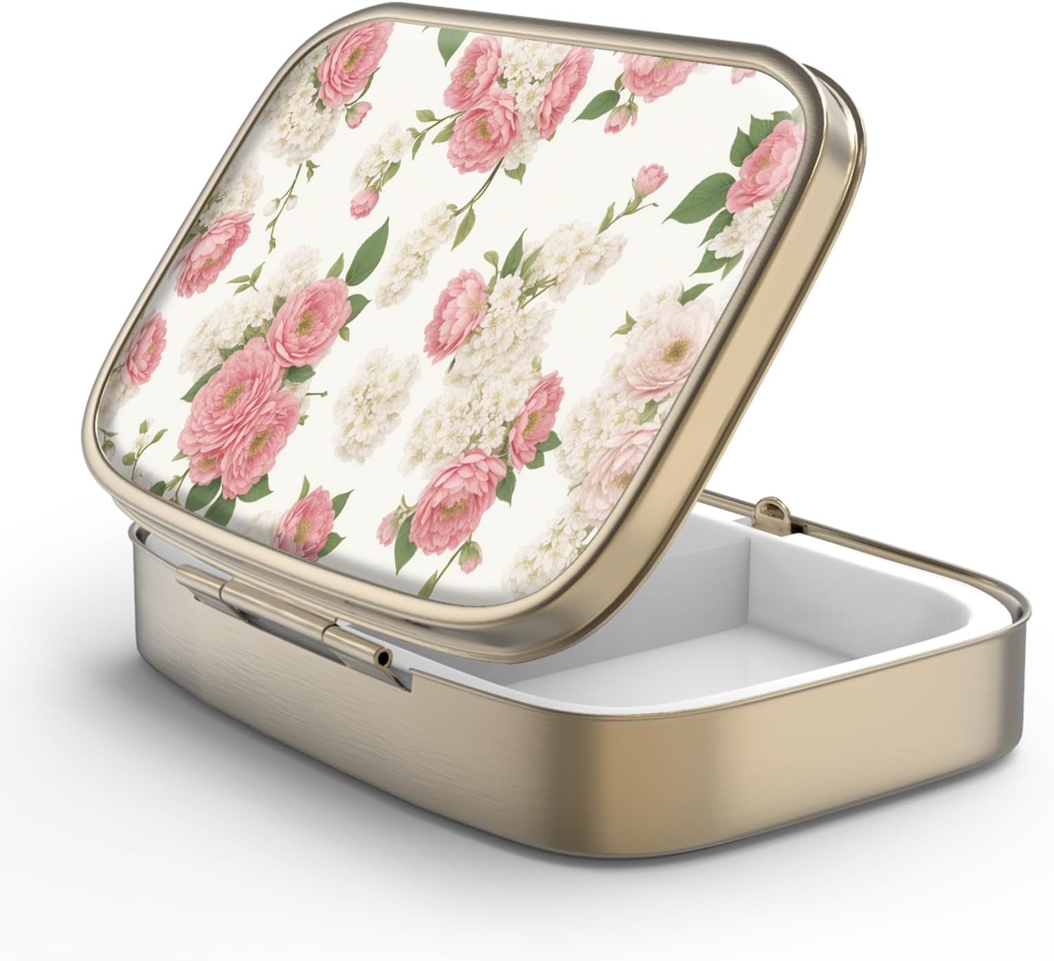 Pill Case Pill Box with Mirror Retro 2 Compartment Small Pill Case for Purse or Pocket Bronze Rectangular Pill Box or Vitamins, Fish Oil, Supplements, Pill Containe Travel Gifts（Retro Pink Floral）