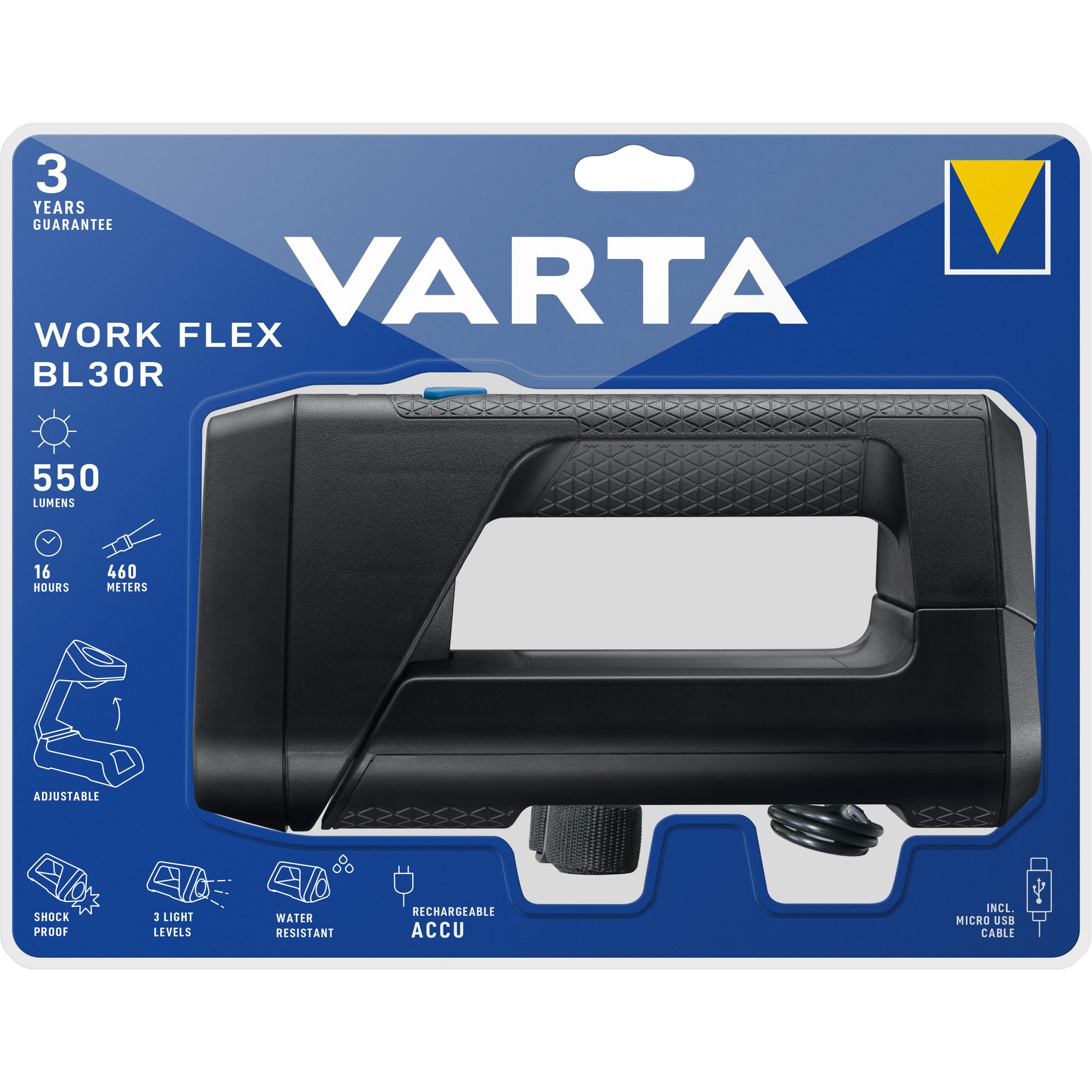 VARTA Projecteur de chantier LED rechargeables, BL30R, Li-Ion rechargeable | Lampe de travail projecteur portatif 3 modes d'éclairage, 550 Lumen, IPX4, Micro-USB, Spotlight pour gezielte éclairage