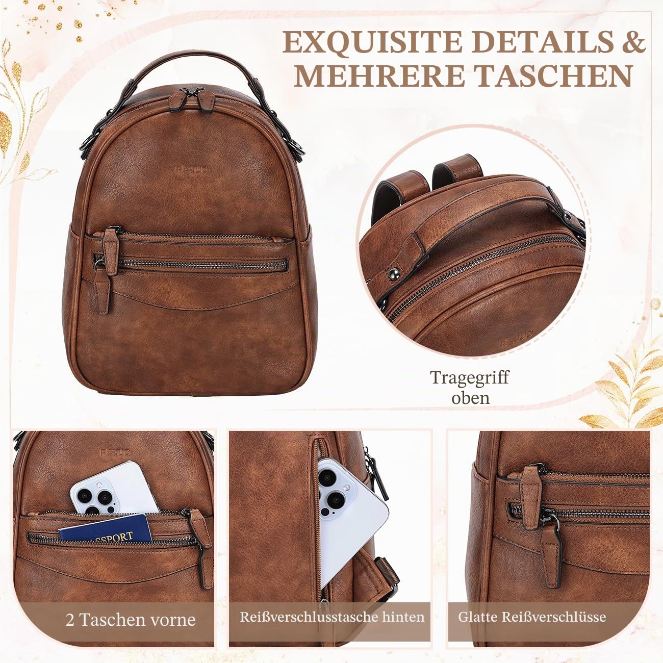RAVUO Rucksack Damen Klein, Elegant Cityrucksack Kleiner Lederrucksack 2 in 1 Handtasche Damen-Rucksackhandtaschen Braun