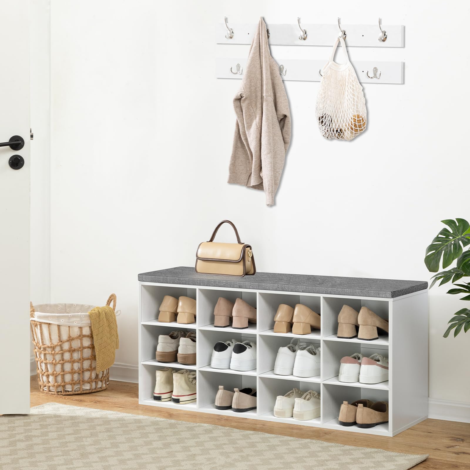 HOOBRO Banc à Chaussures, Banc de Rangement avec 12 Compartiments, Étagère à Chaussures, Porte-Manteau, 100 x 30 x 48 cm, Entrée, Couloir, Chambre, Blanc et Gris EWT112HX01