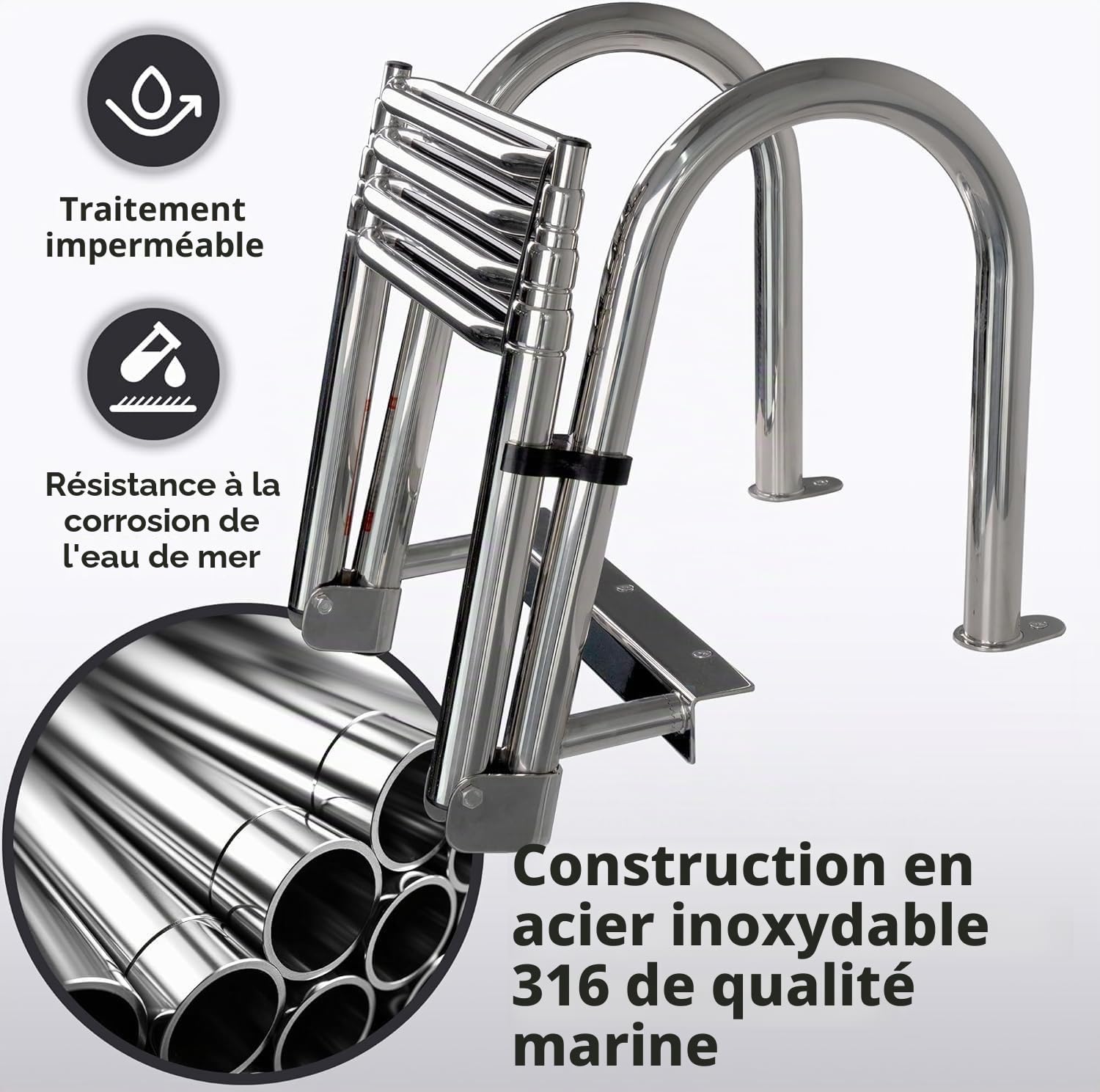 Échelle De Bain Échelle Bateau Extensible, Crochet Robuste pour Piscine avec 4 Marches Antidérapantes, Échelles Pont Natation Clip en Plastique, Acier Inoxydable Marin
