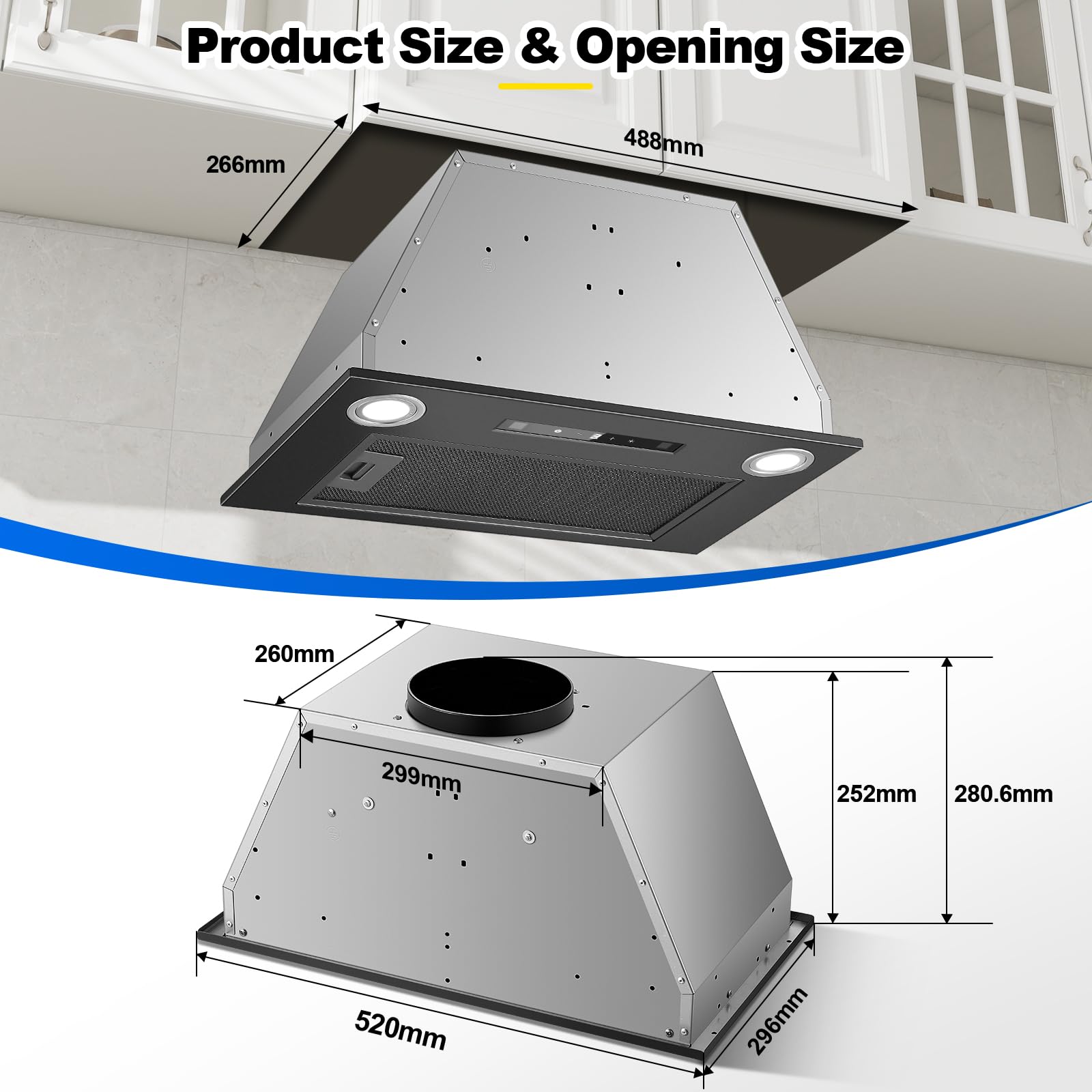 Cappa da incasso 52 cm, 400 m³/h, Nero Cappa da cucina, Comandi Gesto, Tocco, 3 velocità e Booster, Illuminazione a LED, Evacuazione dei condotti e ricircolo con filtro carbone attivo
