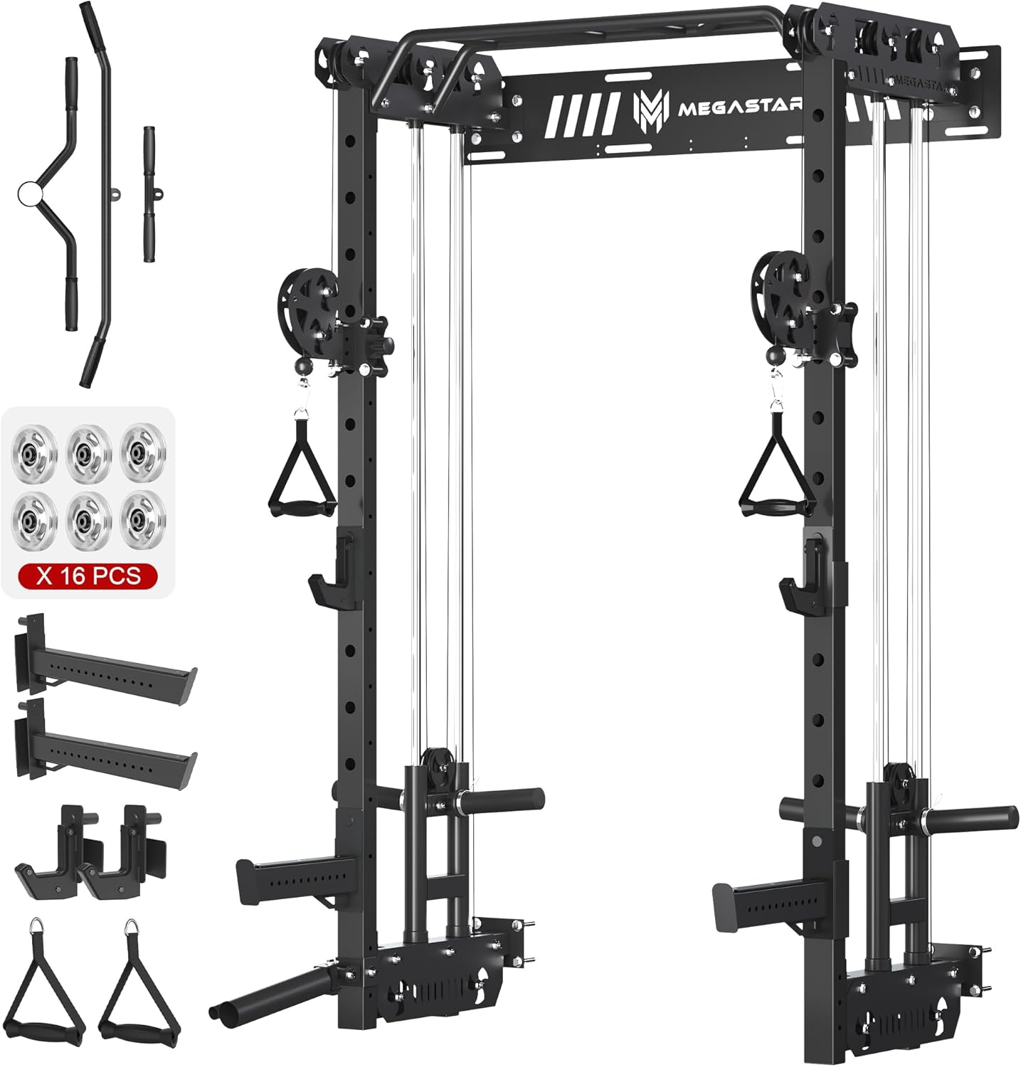 Power Cage, Squat Rack Home Gym, 2000LBs Capacity Wall Mounted Power Rack with Dual Crossover System, Includes 16 attachments for Home Gym