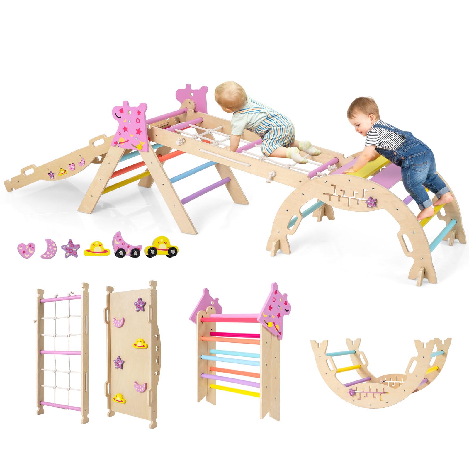HOMASIS 4 in 1 Kletterdreieck mit Kletternetz, Kletterbogen, Wippe & Leiter, Klettergerüst mit doppelseitige Rampe & Baustein Set, Holz Sprossendreieck für Kinder ab 1 Jahr (Macaron, Einhorn)