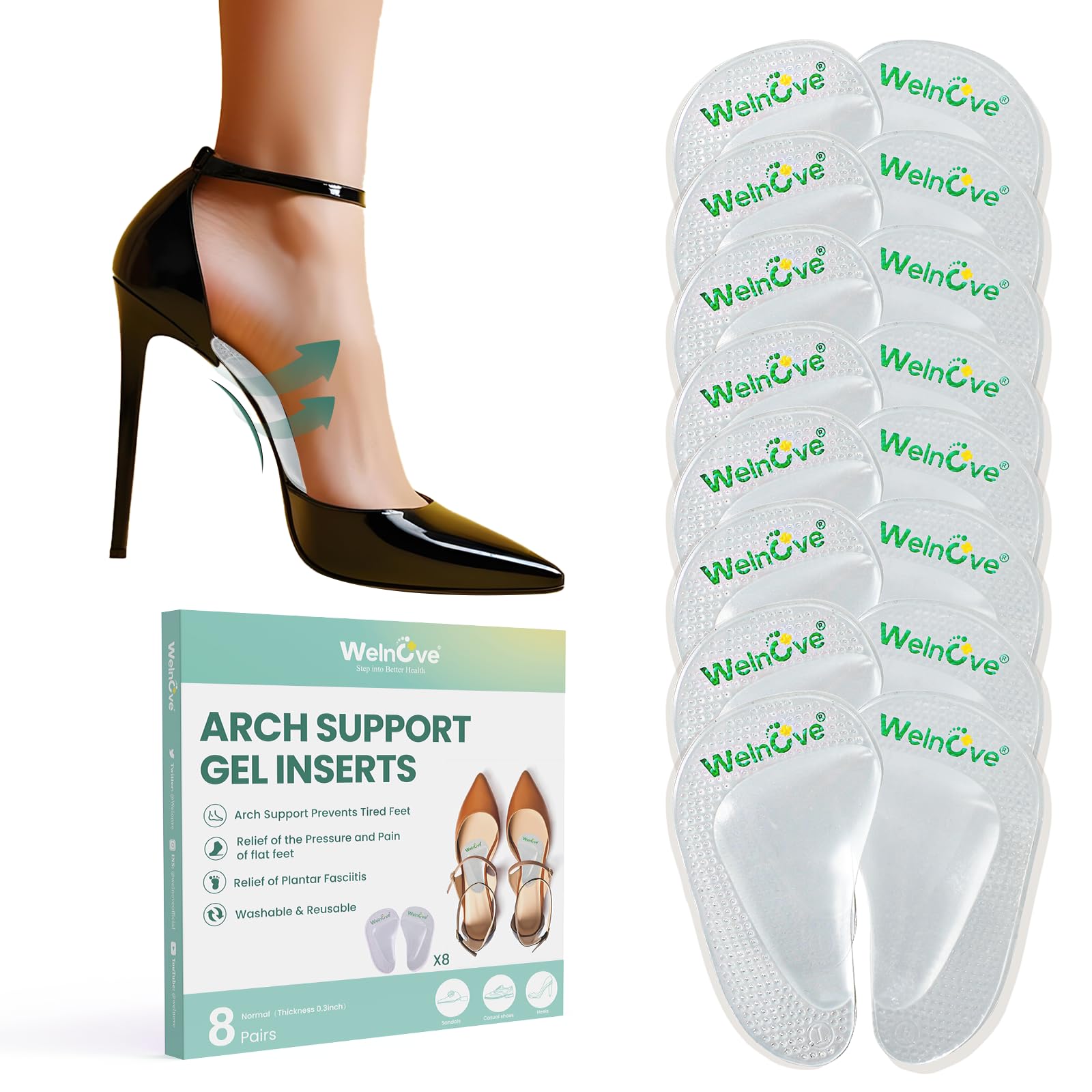Arch Suppprt Pad, Arco Di Sostegno Imbottiture Piedi Piatti - Welnove 8 Paia Gel Solette Per Fascite Plantare, Sollievo Dalla Stanchezza Del Dolore Al Piede, Alto 0,8Cm-image