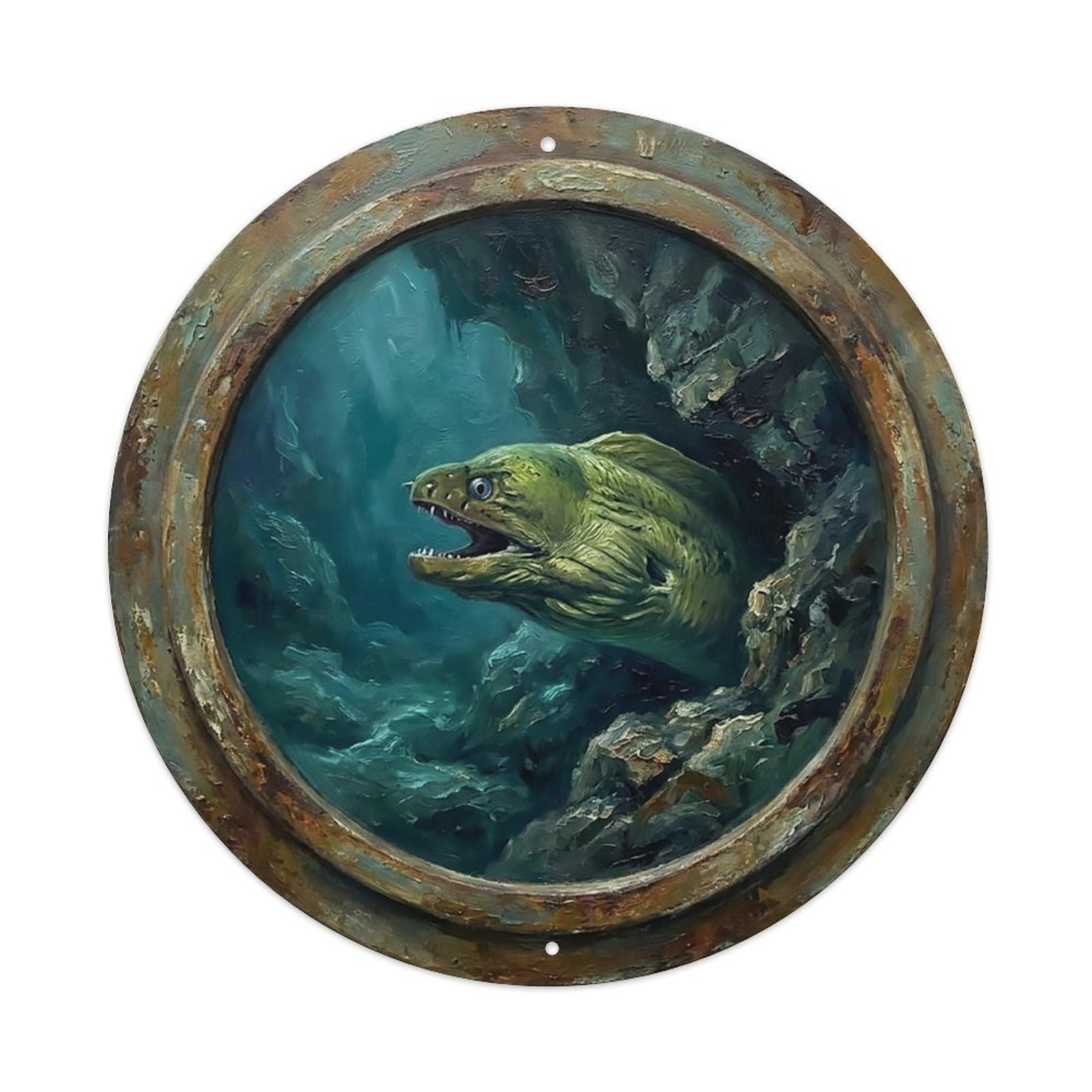 Vintage Porthole Moray Eel Ship Window Undersea Deep Sea Metal Tin Sign