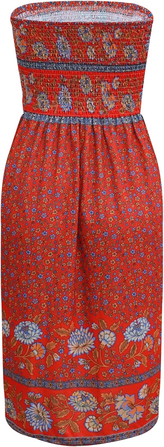 Tube Top Dress Boho Floral Summer Beach Csual Sun Dresses Strapless Dress for Women Red S - Image 6